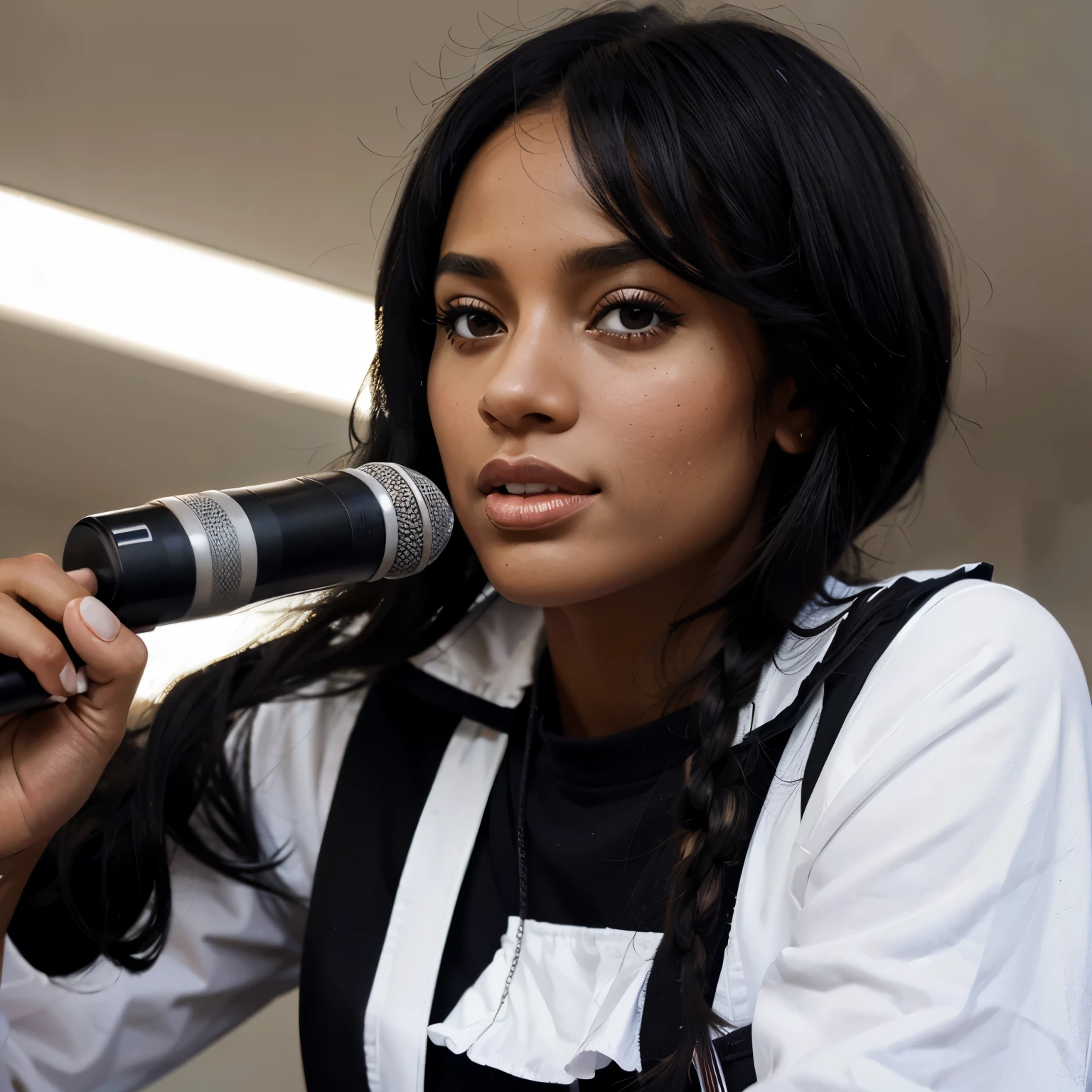 Black woman with black hair in a sailer girl outfit Holding a microphone