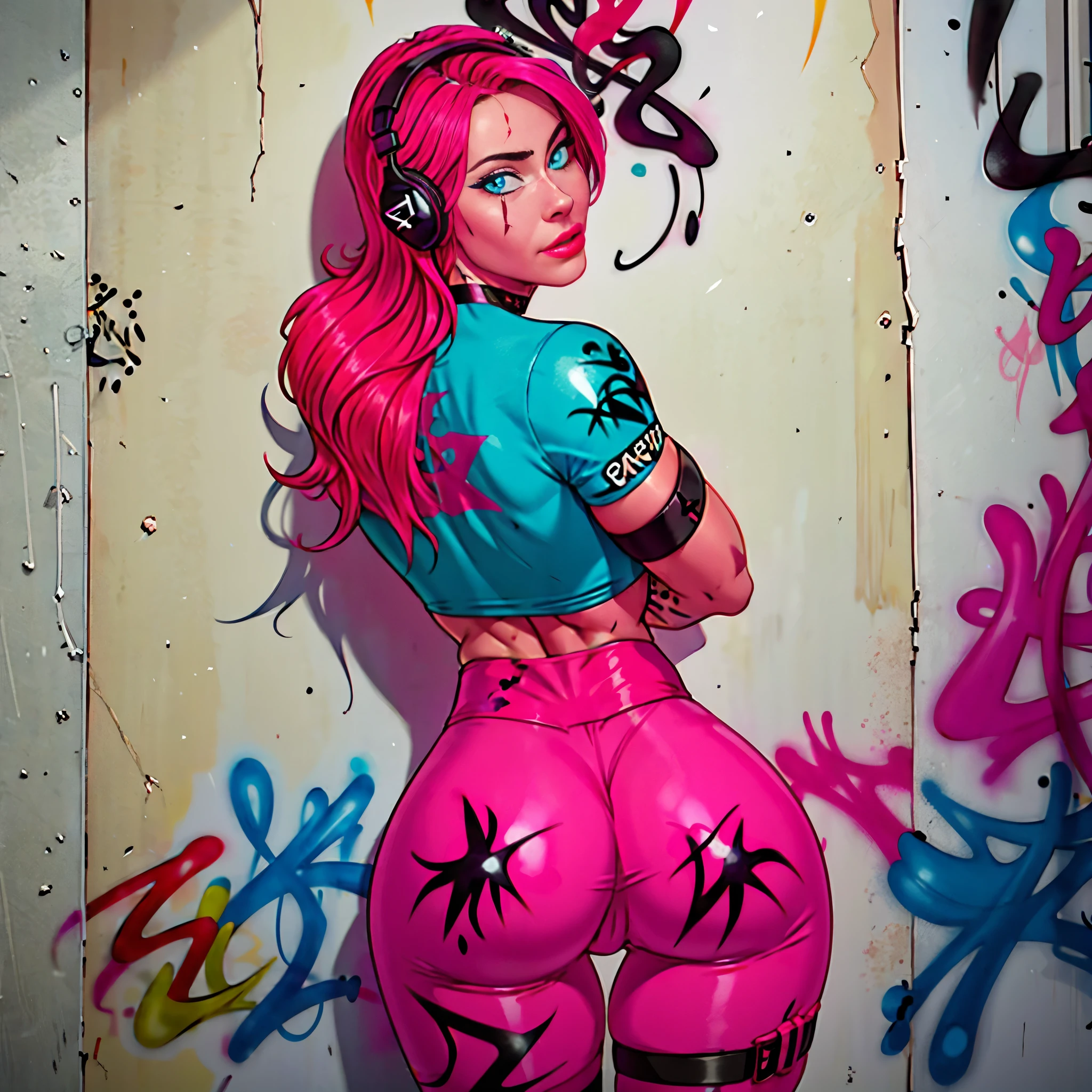masterpiece, best quality, 25 years old beautiful woman, long hair, (mature face:1.4), 1woman, solo, crop top, red leggings, choker, (from behind:1.4), plumb ass, thick thighs, thin waist, (graffiti:1.5), paint splatter, arms behind back, against wall, looking at viewer, armband, thigh strap, paint on body, head tilt, bored, multicolored hair (pink, blue), aqua eyes, headset
