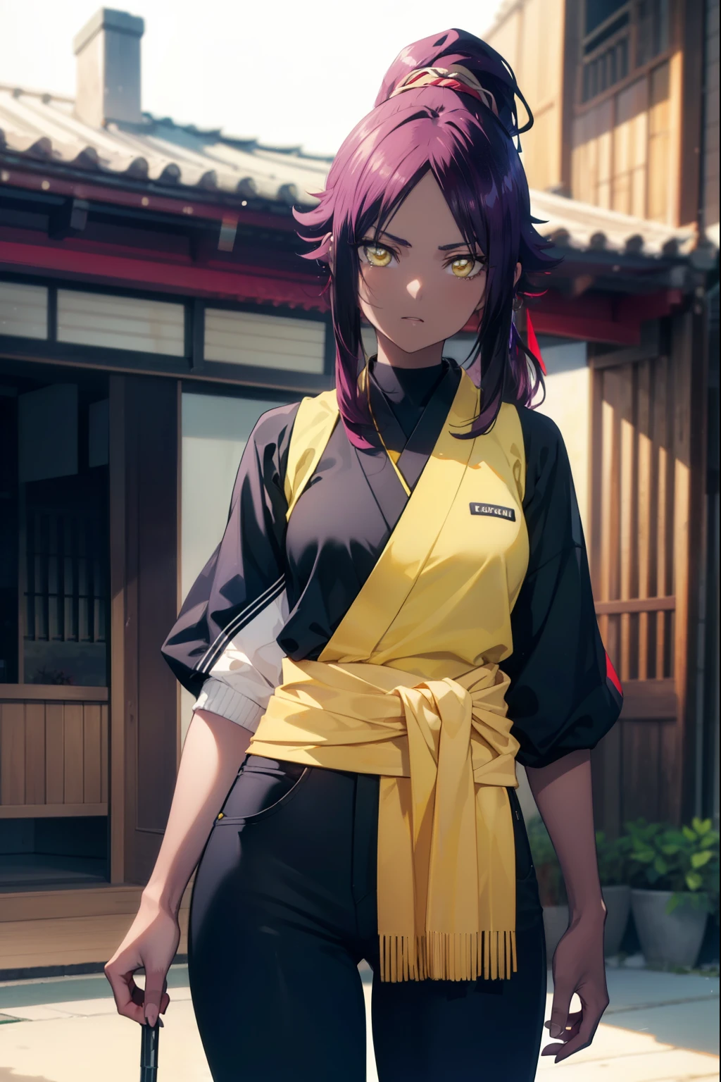 yoruichishihouin, yoruichi shihouin, long hair, (yellow eyes:1.5), ponytail, purple hair, black skin, 浅black skinの女性,ninja costume,Shinocho pants,short boots,put one hand on your waist,
break outdoors,ビルの屋上
break looking at viewer, (cowboy shot:1.5),
break (masterpiece:1.2), highest quality, High resolution, unity 8k wallpaper, (figure:0.8), (detailed and beautiful eyes:1.6), highly detailed face, perfect lighting, Very detailed CG, (perfect hands, perfect anatomy),