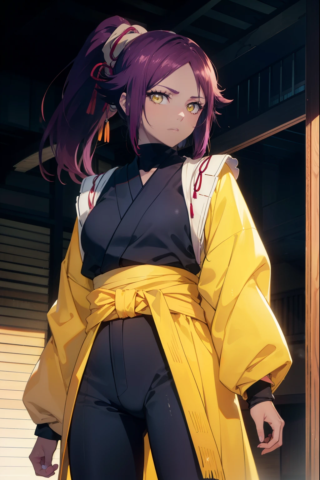 yoruichishihouin, yoruichi shihouin, long hair, (yellow eyes:1.5), ponytail, purple hair, black skin, 浅black skinの女性,ninja costume,Shinocho pants,short boots,put one hand on your waist,
break outdoors,ビルの屋上
break looking at viewer, (cowboy shot:1.5),
break (masterpiece:1.2), highest quality, High resolution, unity 8k wallpaper, (figure:0.8), (detailed and beautiful eyes:1.6), highly detailed face, perfect lighting, Very detailed CG, (perfect hands, perfect anatomy),