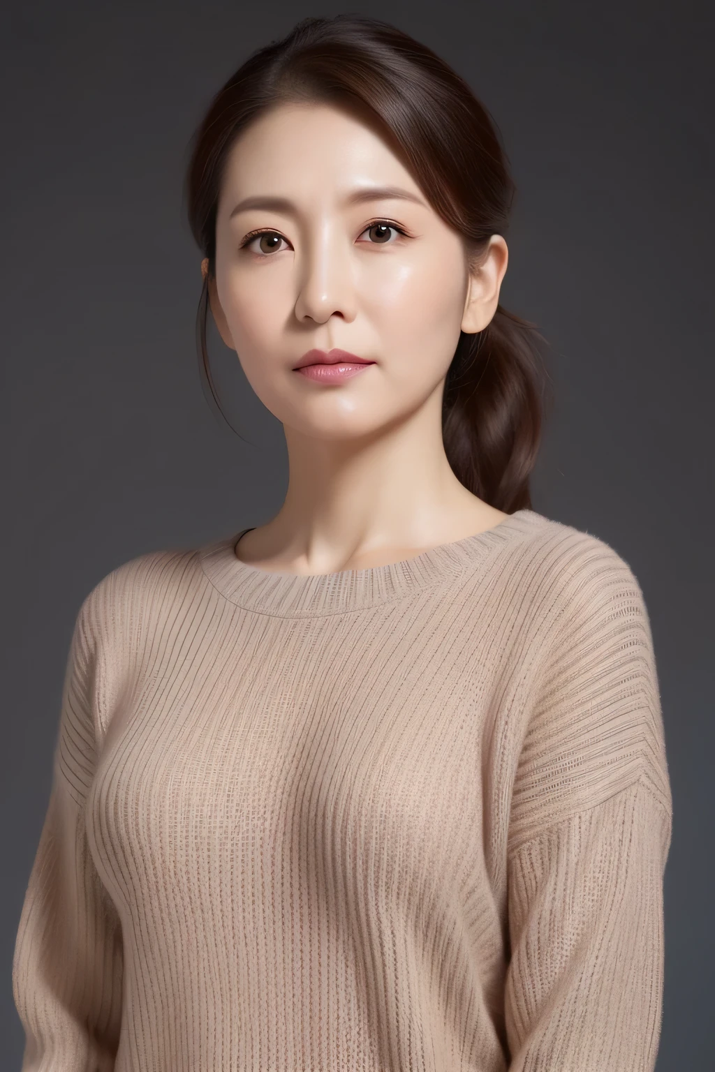High resolution, High level image quality, high detail, masterpiece, rough skin, anatomically correct, sharp, gray background((japanese mature, 30 years old)), alone, ((facial wrinkles)), good shape big breasts, Straight light brown hair that reaches to the shoulders, Chubby body type (((stand upright, facing the center of the screen.))), Close your mouth and look straight ahead with a serious face, sweater, skirt, ((cowboy shot)),ponytail