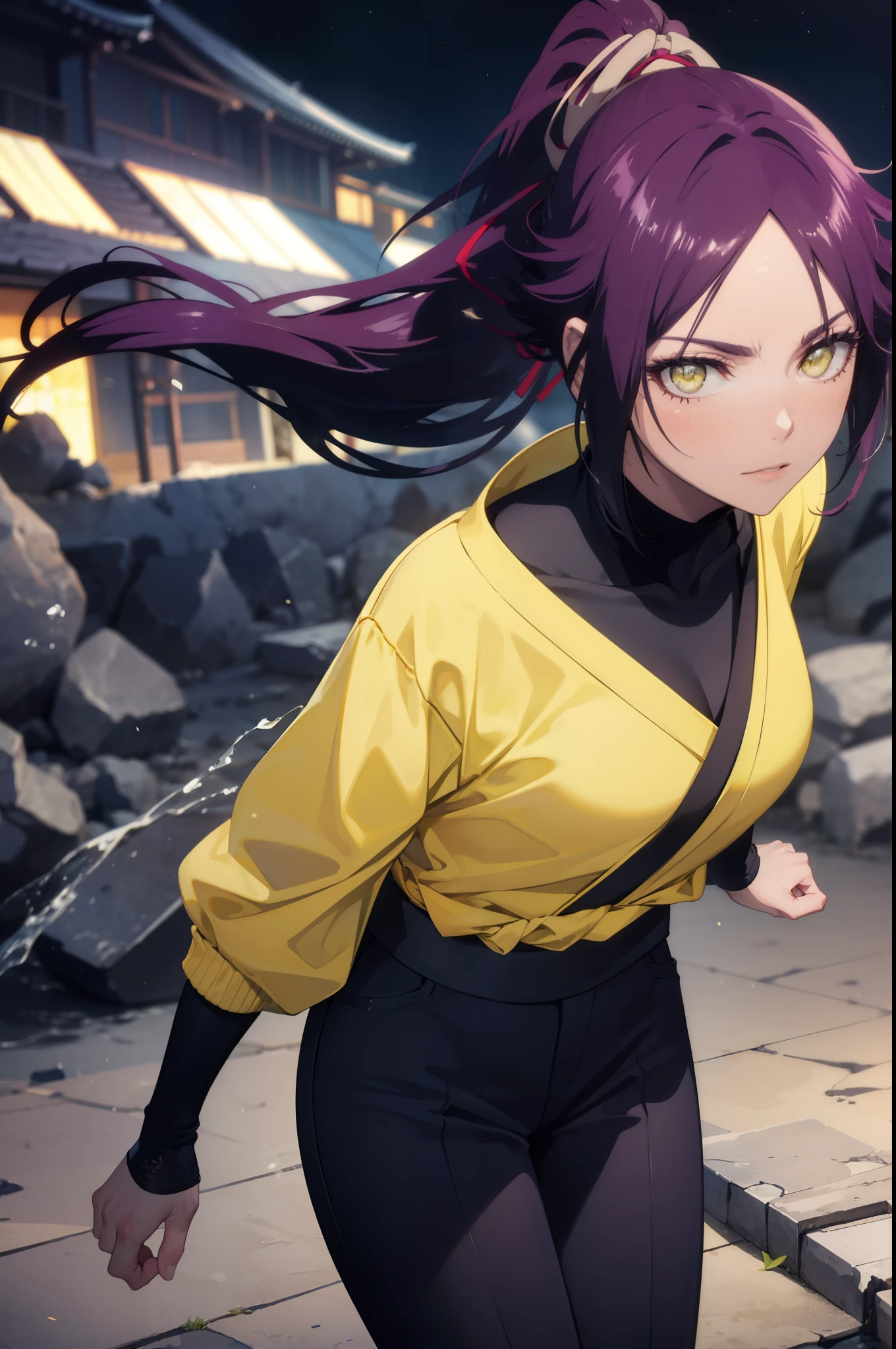 yoruichishihouin, yoruichi shihouin, long hair, (yellow eyes:1.5), ponytail, purple hair, black skin, 浅black skinの女性,ninja costume,Shinocho pants,short boots,put one hand on your waist,night,moon,moon光,
break outdoors,ビルの屋上
break looking at viewer, (cowboy shot:1.5),
break (masterpiece:1.2), highest quality, High resolution, unity 8k wallpaper, (figure:0.8), (detailed and beautiful eyes:1.6), highly detailed face, perfect lighting, Very detailed CG, (perfect hands, perfect anatomy),