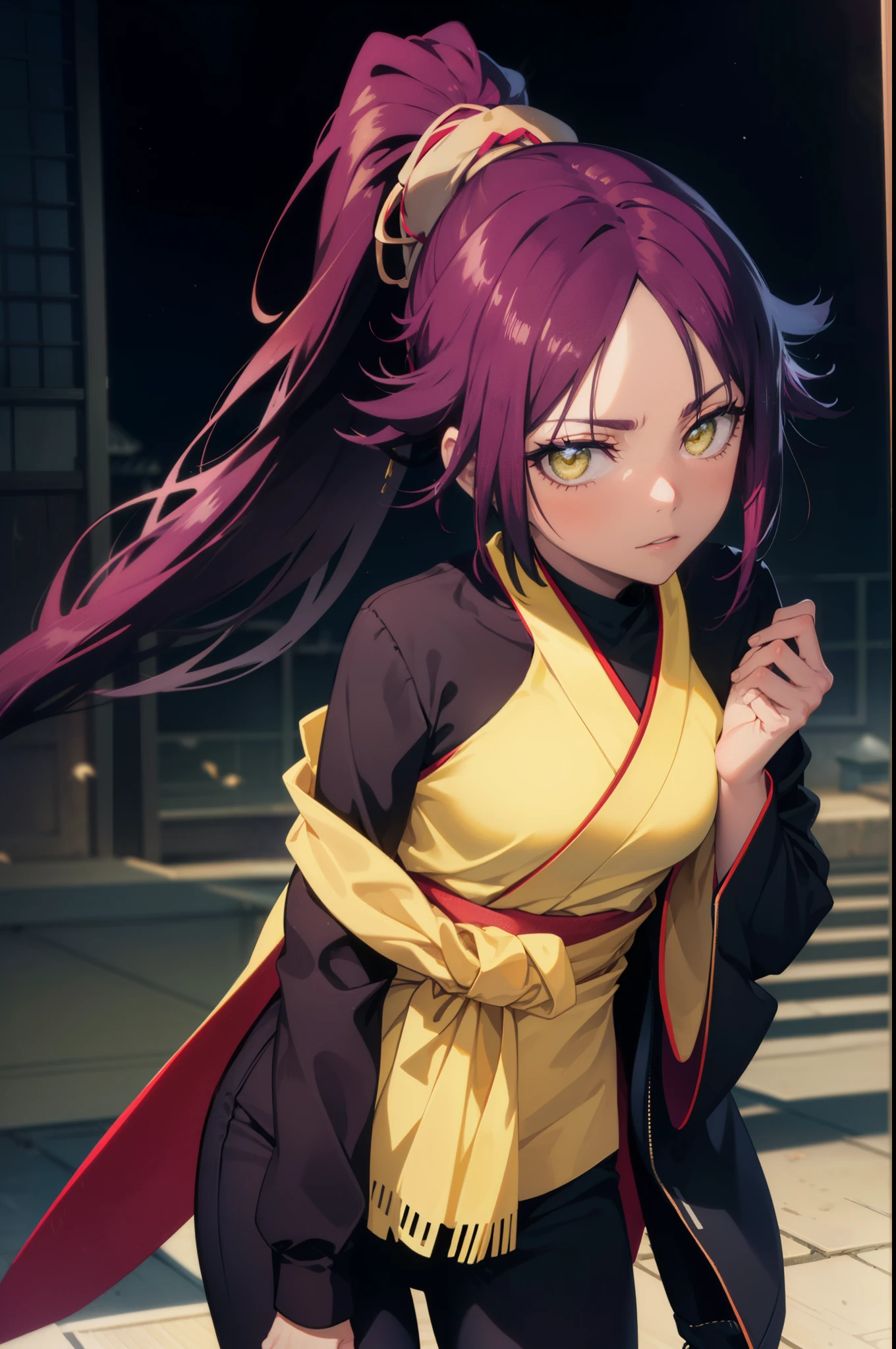 yoruichishihouin, yoruichi shihouin, long hair, (yellow eyes:1.5), ponytail, purple hair, black skin, 浅black skinの女性,ninja costume,Shinocho pants,short boots,put one hand on your waist,night,moon,moon光,
break outdoors,ビルの屋上
break looking at viewer, (cowboy shot:1.5),
break (masterpiece:1.2), highest quality, High resolution, unity 8k wallpaper, (figure:0.8), (detailed and beautiful eyes:1.6), highly detailed face, perfect lighting, Very detailed CG, (perfect hands, perfect anatomy),