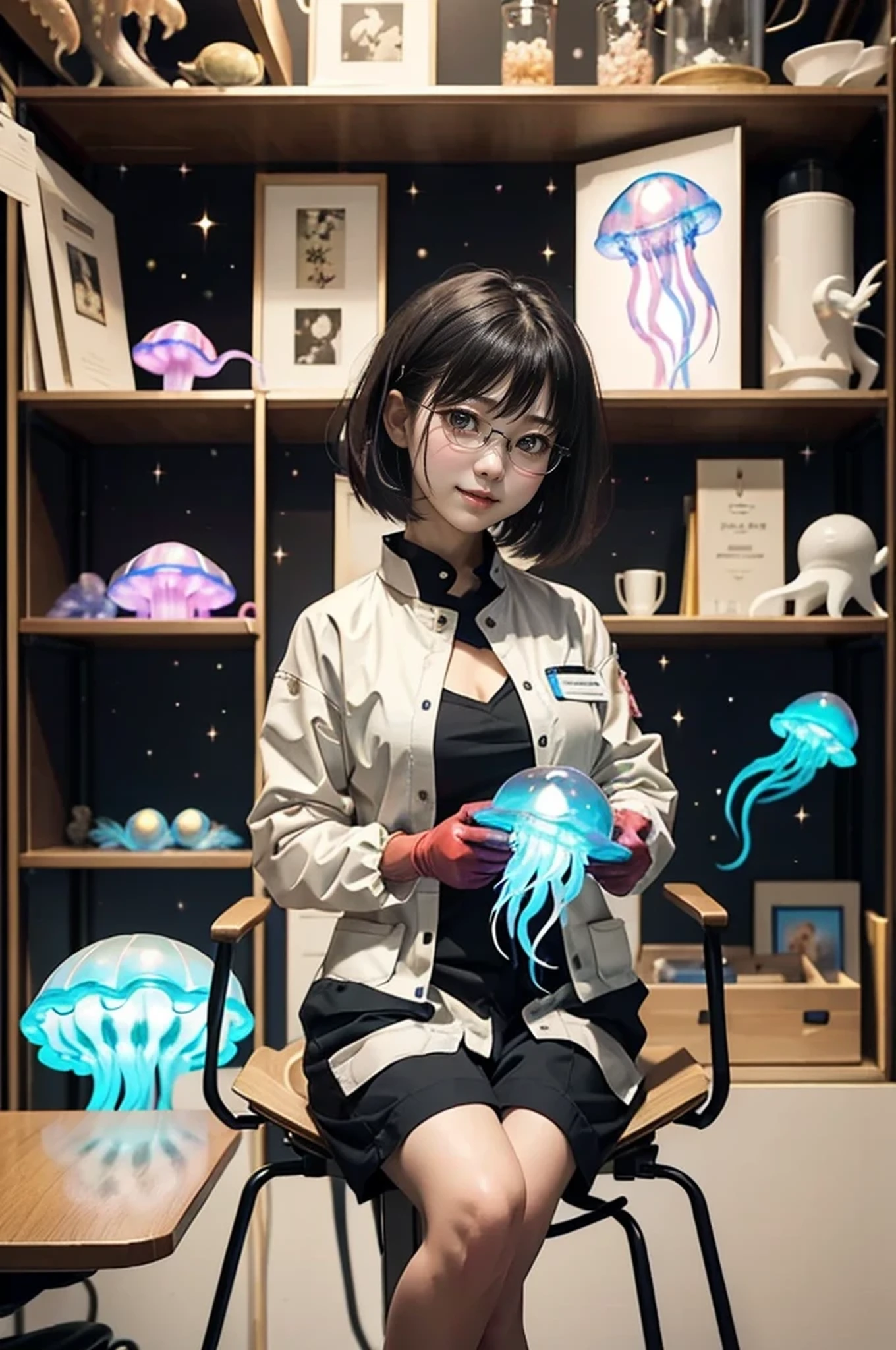 Near future、Female researcher sitting on a chair with a jellyfish in hand、(A translucent jellyfish-like space creature that shines in seven colors appears next to the woman..)、colorful,(masterpiece:1,2), highest quality, masterpiece, High resolution, original, highly detailed wallpaper, 1 girl ,smile,alone, original_clothing,Dress like work clothes, gloves, chest, uniform, large chest, creatures of space、short hair woman、Asian female researchers、A female researcher who conspires with aliens to commit evil acts..、wolf cut hair、jellyfish collector、赤いgloves、A translucent jellyfish is flying behind、