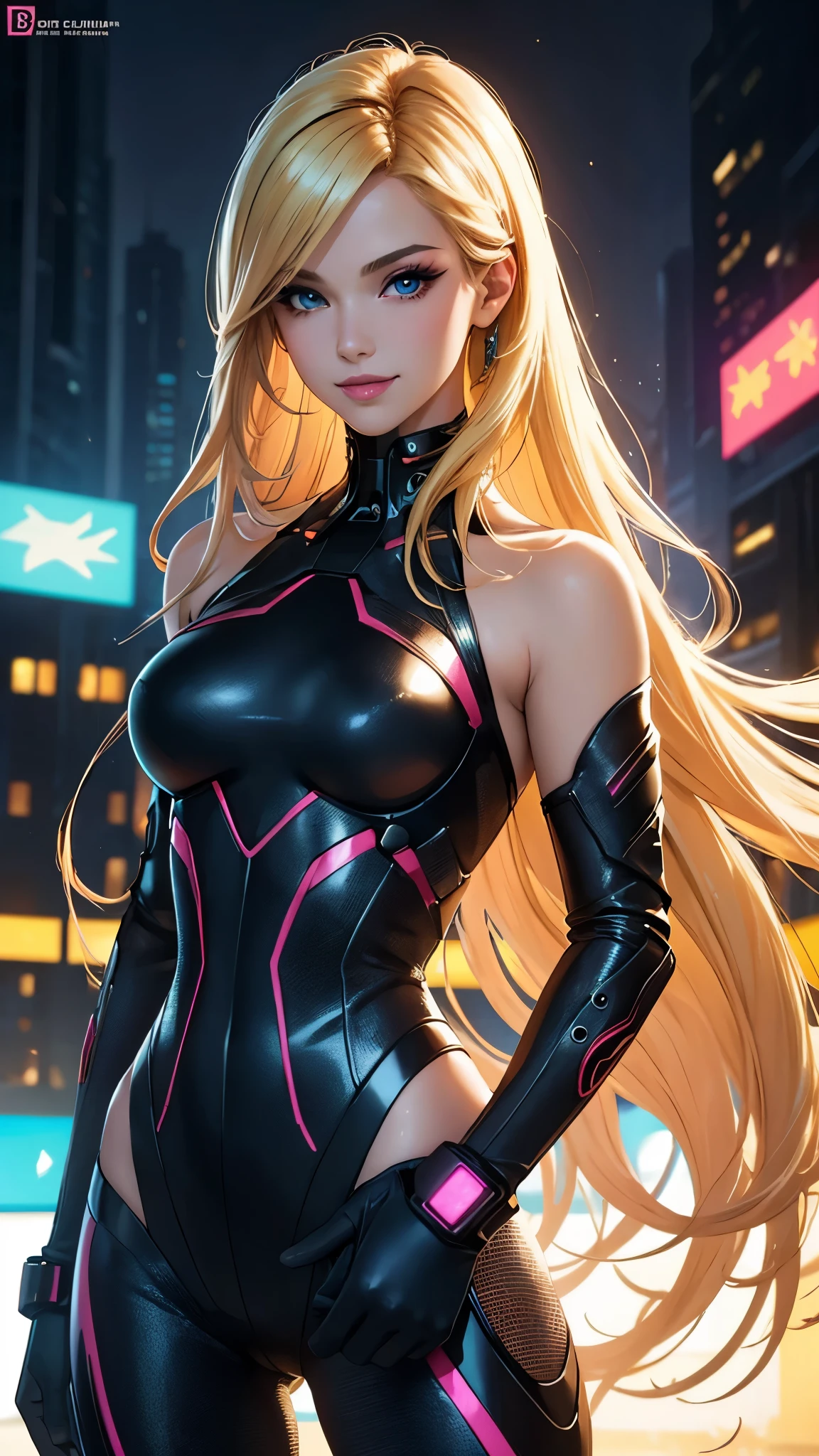  girl, Wearing a black high-leg swimsuit,(RAW photo, highest quality, masterpiece:1.2), (realistic, photo-realistic:1.4),(masterpiece:1.4),(highest quality:1.4), ((A sexy and cute Japanese cyberpunk cat girl)), ((slender body)), big breasts, :d, (bangs), blush, ((Wearing a black high-leg leotard)), ((wearing battle armor)), ((dynamic pose)), (cowboy shot), (((cyberpunk city streets background))), hair intake, ((shapeless long hair)), Glowing neon accents, looking at the viewer, sidelocks, smile, (((Thighs gap))), thighs, blonde long hair, Alice \(nod\),(shiny skin),realistic.