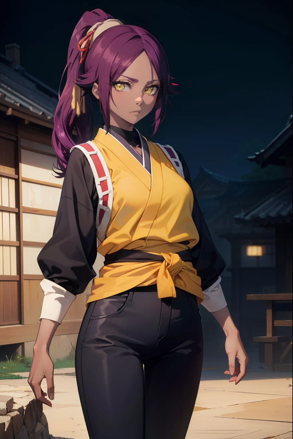 yoruichishihouin, yoruichi shihouin, long hair, (yellow eyes:1.5), ponytail, purple hair, black skin, 浅black skinの女性,ninja costume,Shinocho pants,short boots,put one hand on your waist,
break outdoors,ビルの屋上
break looking at viewer, (cowboy shot:1.5),
break (masterpiece:1.2), highest quality, High resolution, unity 8k wallpaper, (figure:0.8), (detailed and beautiful eyes:1.6), highly detailed face, perfect lighting, Very detailed CG, (perfect hands, perfect anatomy),