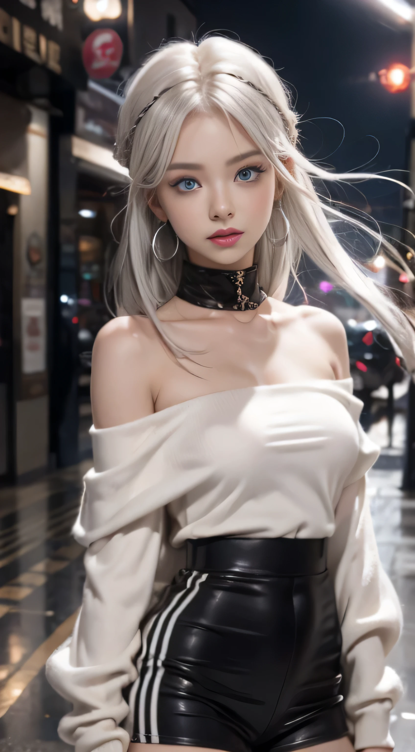 double whirlwind pattern design clothes,iris heterochromatic pupil,silver haired girl,free high resolution,off shoulder、