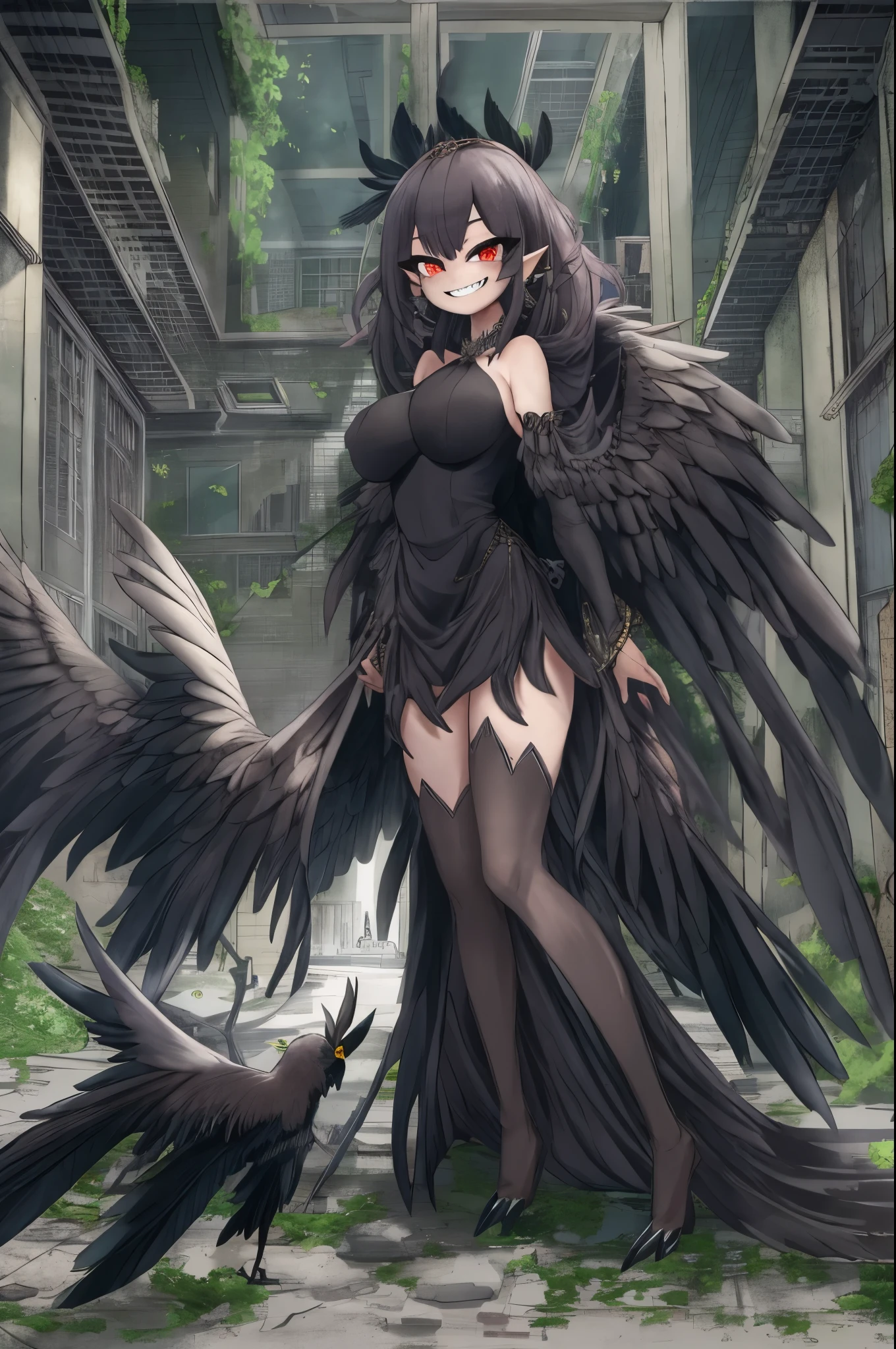 1girl, Masterpiece, perfect, Cute, Adorable, Harpy, [[[Crow girl]]], shortstack, Black feathers, sharp teeth, smiling, smug, Dress, Facing user, abandoned building, big breasts, hands behind back, simple dress, 