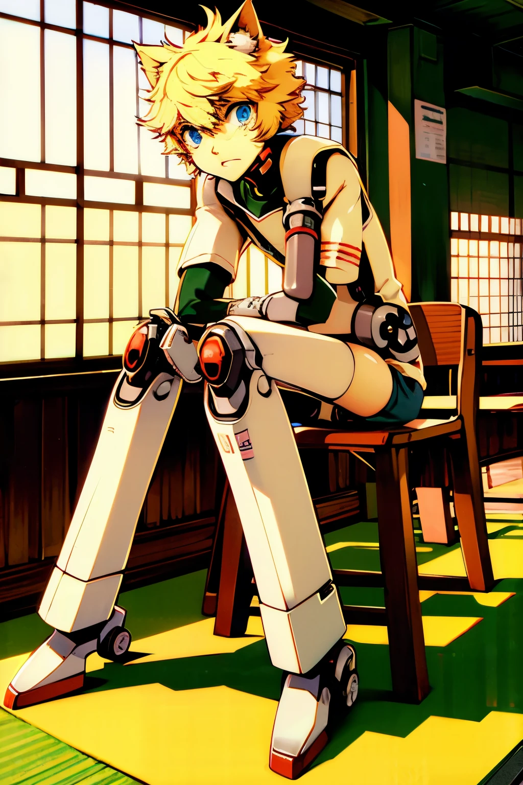 Blonde haired Anime boy, High tech, School clothes, Cat ears, Robot Cybernetic, High, Solo, In a japanese School, Hooves. Messy hair
