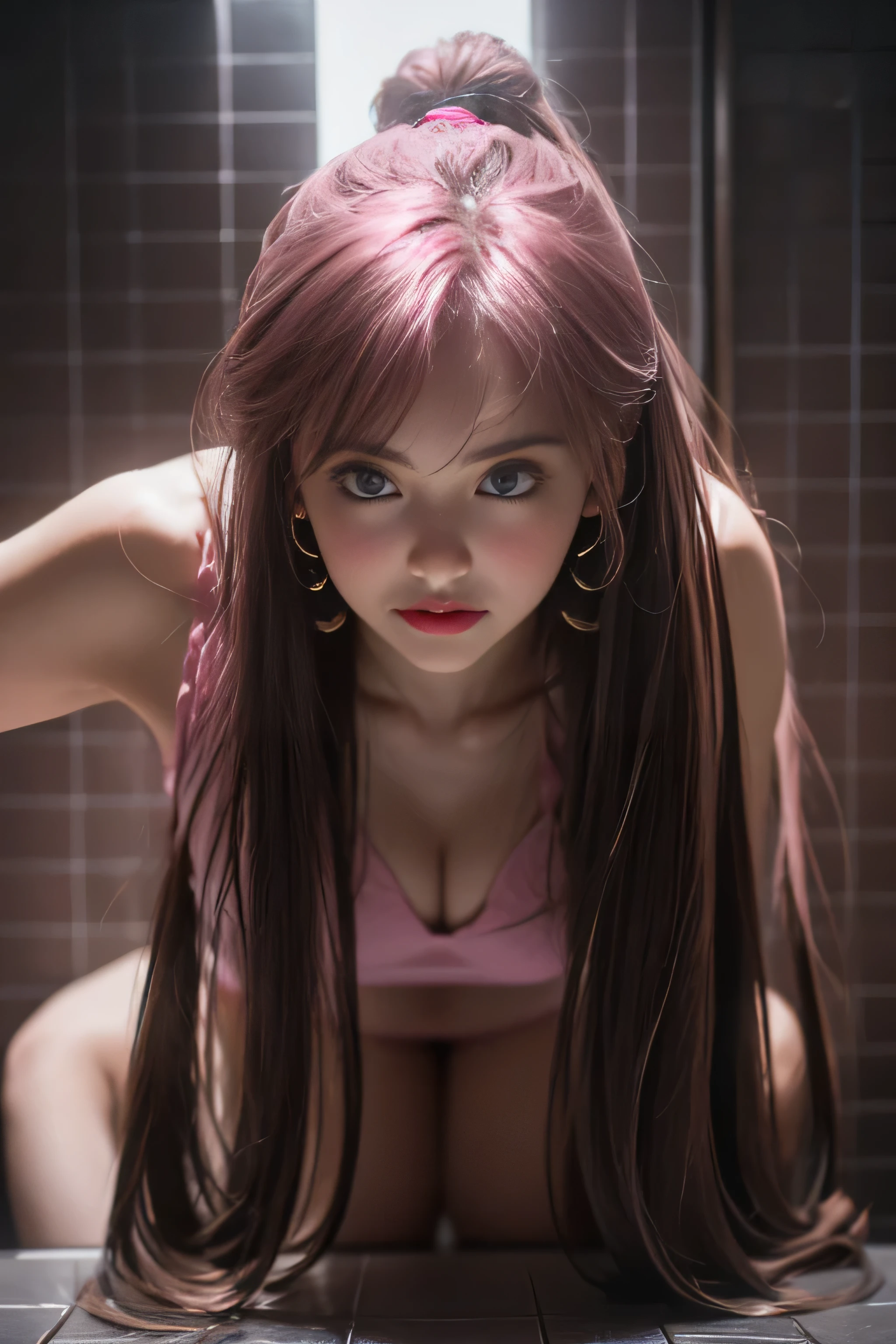 sexy girl in bathroom，charming eyes，heartwarming action，turn away from the camera，bent down，bend over，turn back，raise your head，thick long hair，highly detailed body，highly detailed face，highest quality、(pink good),