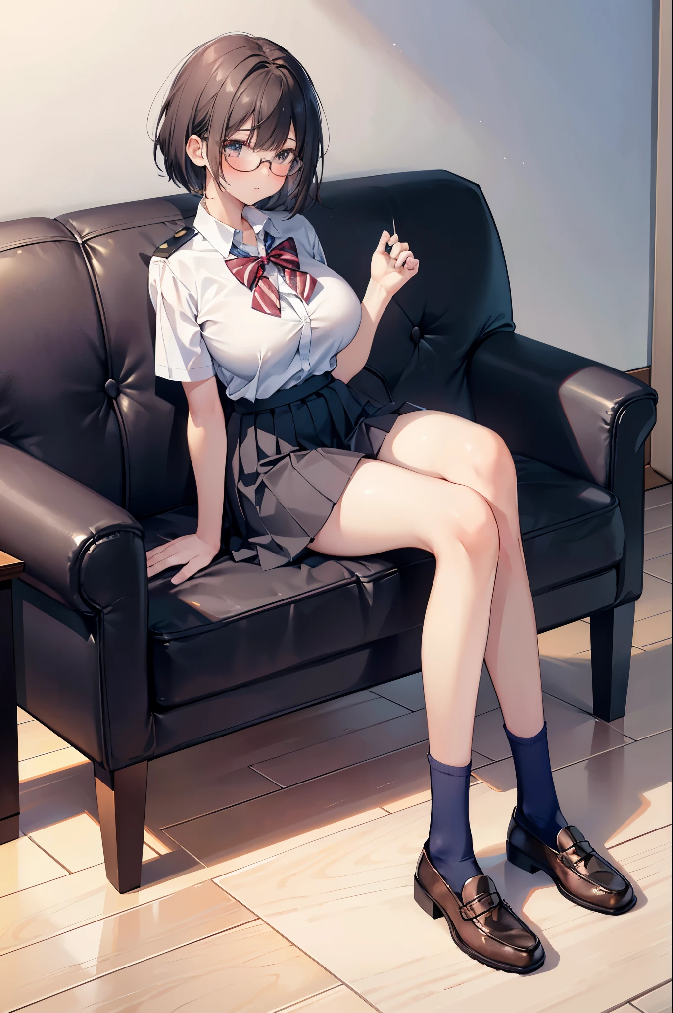 1 girl, glasses, (full body:1.2), sitting, (angle from below:1.1), (angle from the side:1.1), blush, (slim body:1.2), (huge breasts:1.3), (slender and long legs:1.1), black hair, short hair, white short sleeve shirt, pleated skirt, (navy blue high socks:1.1), brown loafers,