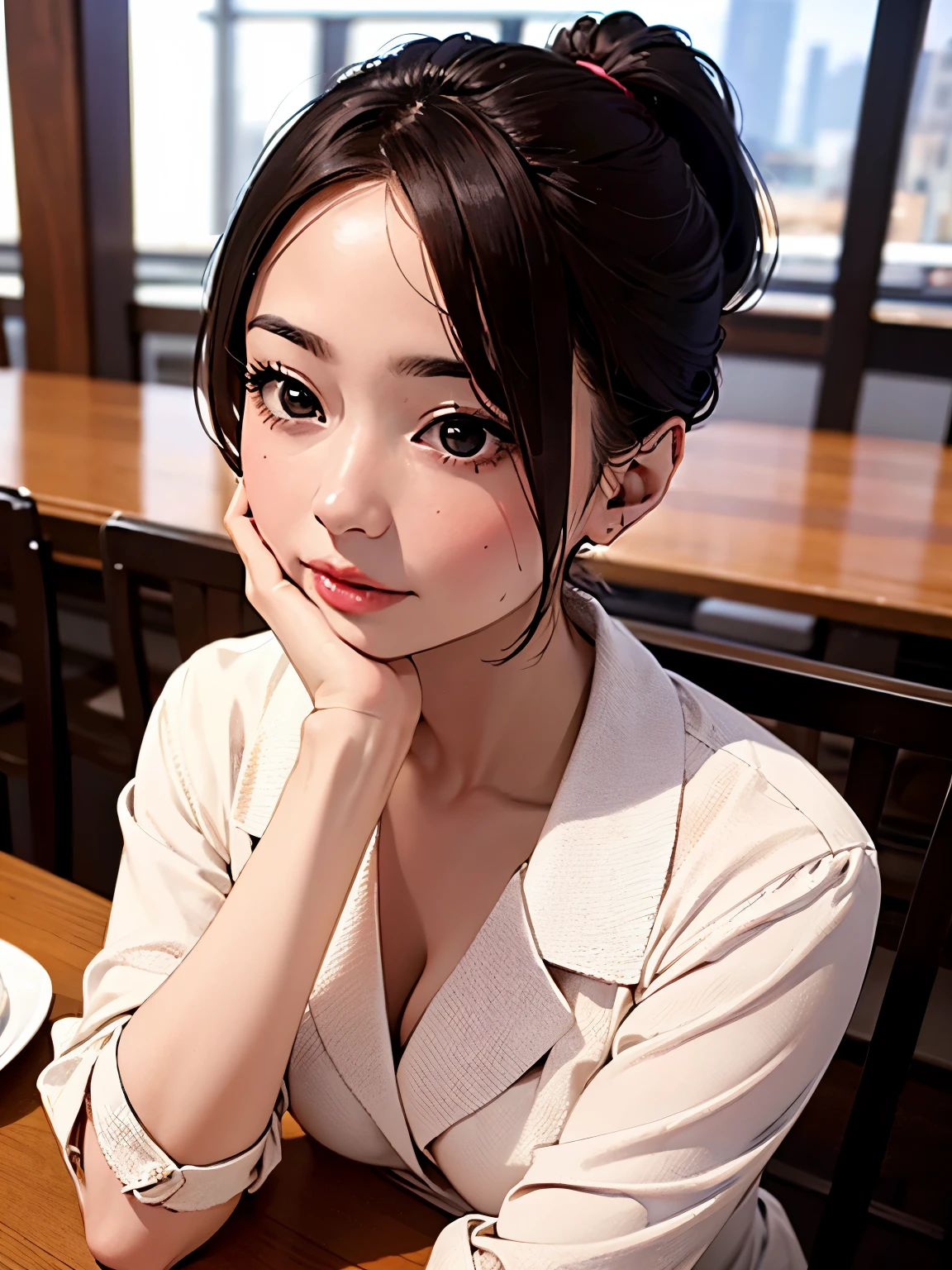 ((At SFW)), (highest quality、4k、8k、High resolution、masterpiece: 1.2)、Super detailed、(real、photorealistic、photorealistic: 1.37)、Girl in short ponytail lying at a restaurant table in formal suit, clear eyes, perfect body, (look down at the viewer:0.8), (Pueros face_v1:0.2), removed sleeve, open your mouth, bangs, 1 girl, shiny skin, (masterpiece;1.0), (realistic:1.4), (sharp focus:1.2),