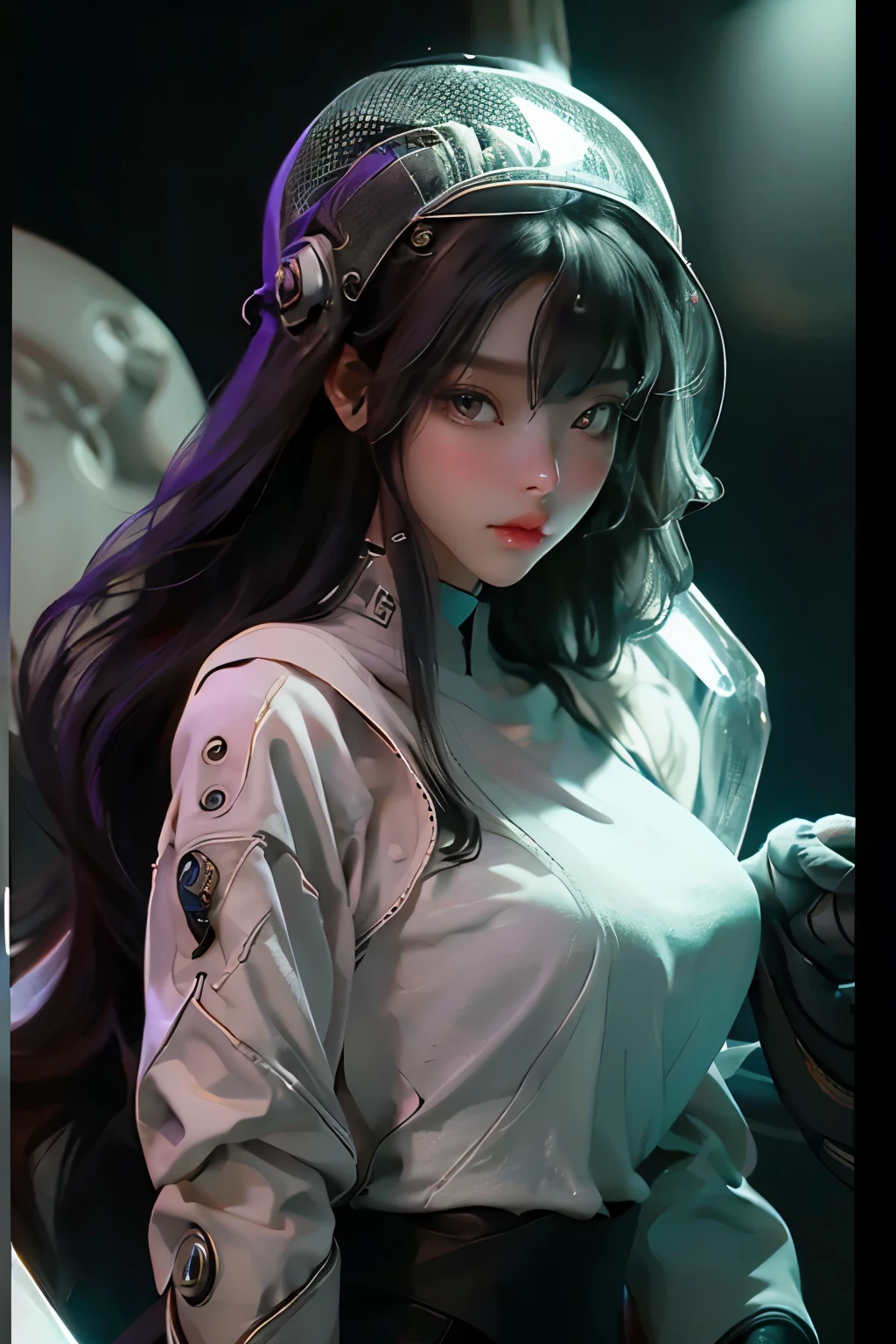 A 25-year-old girl, clad in a spacesuit helmet with a bustling integrity, casts an alluring gaze as she dons a long, flowing black hair cascading down her broad shoulders. The image, rendered in the distinctive guviz style, boasts an arcane aesthetic with intricate details. Her long purple jacket, cinched at the waist, contrasts starkly against her pristine white tank top. Captured in a half-body frame, the image exudes an ethereal, enigmatic charm.