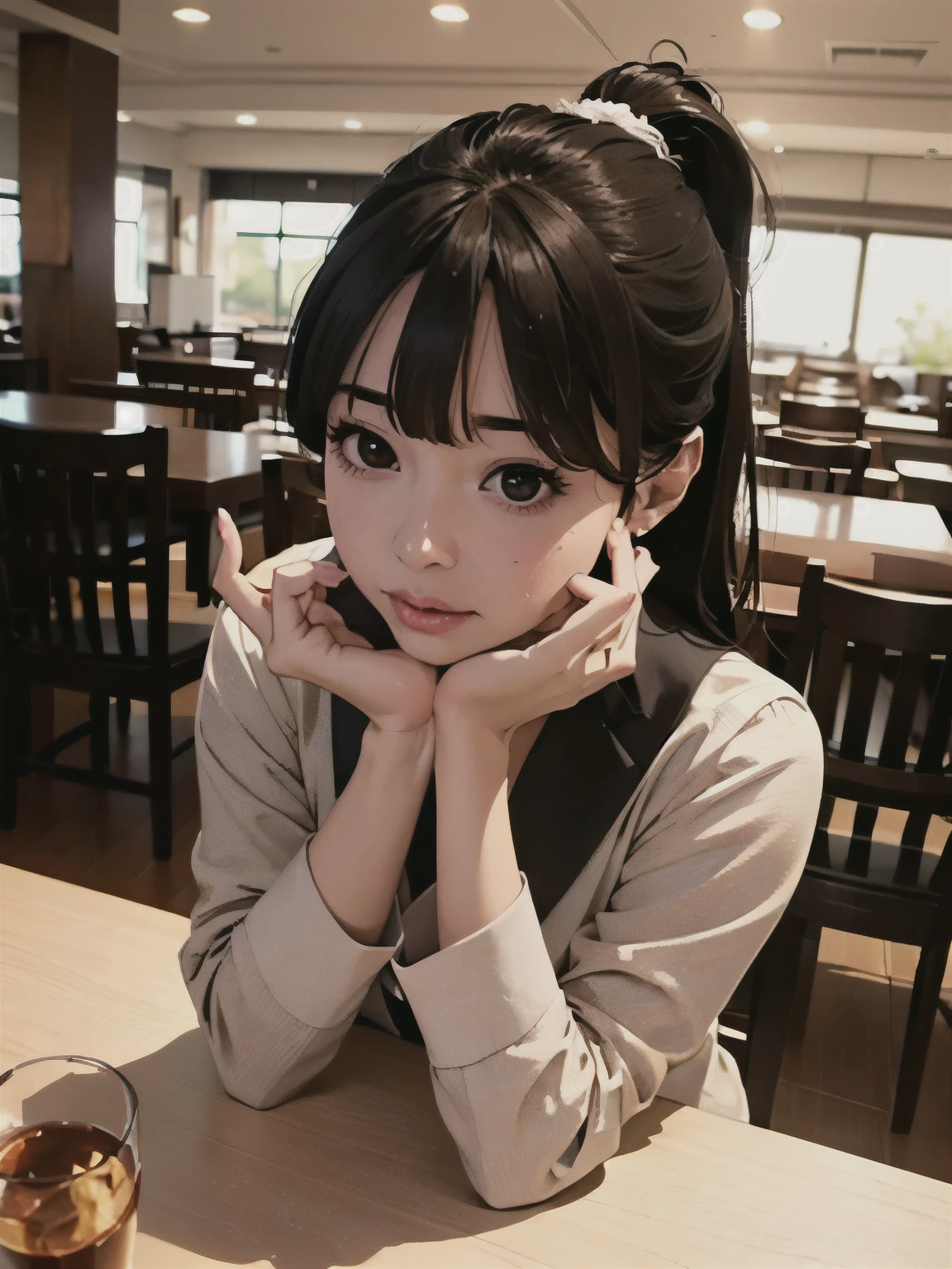 ((At SFW)), (highest quality、4k、8k、High resolution、masterpiece: 1.2)、Super detailed、(real、photorealistic、photorealistic: 1.37)、Girl in short ponytail lying at a restaurant table in formal suit, clear eyes, perfect body, (look down at the viewer:0.8), (Pueros face_v1:0.2), removed sleeve, open your mouth, bangs, 1 girl, shiny skin, (masterpiece;1.0), (realistic:1.4), (sharp focus:1.2),