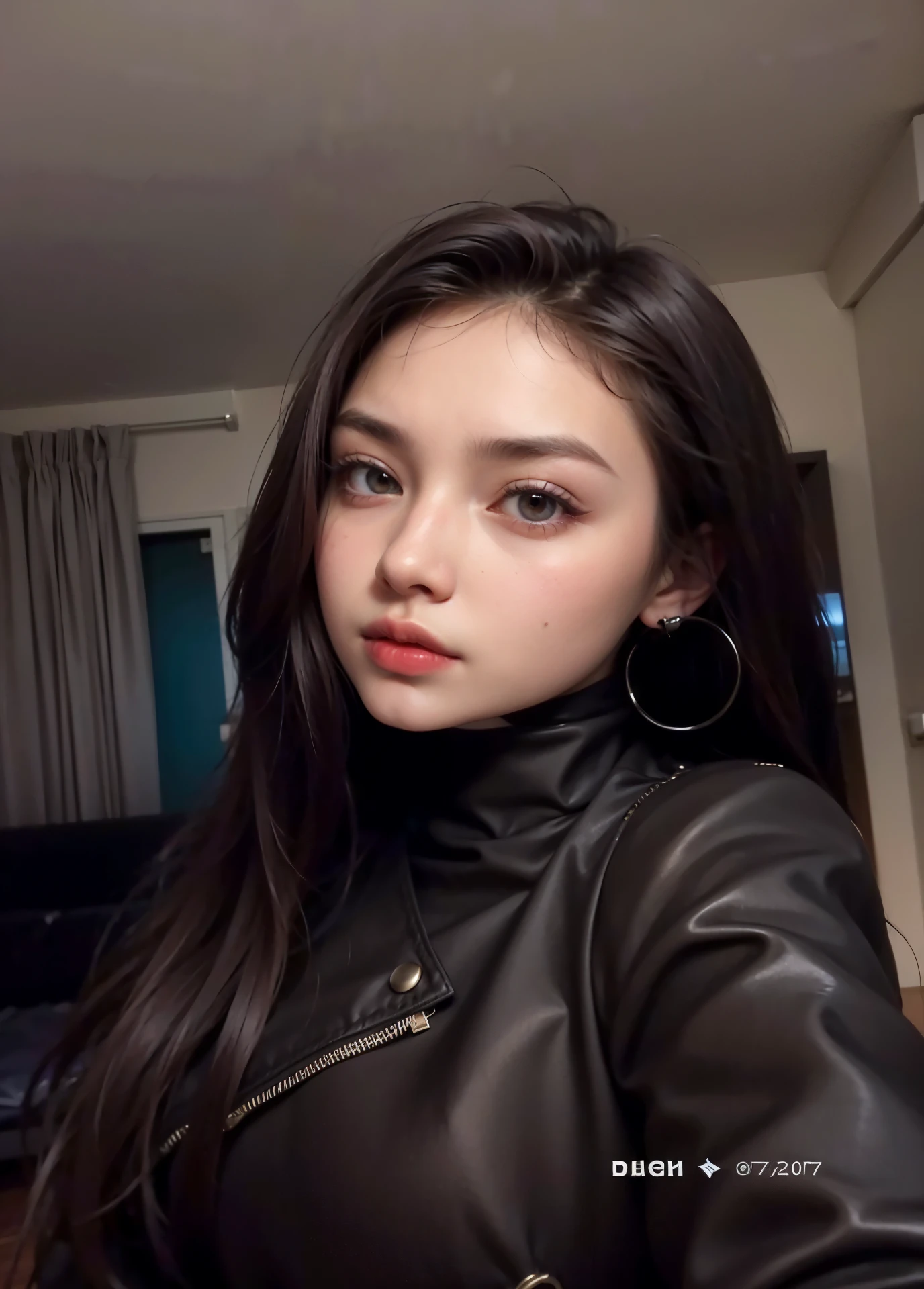 um close up de uma mulher com cabelos longos usando uma jaqueta de couro, young beautiful amoranto, Bella Poarca, garota persa de pele clara, thick red lips, cruel korean goth girl, rosto sexy com maquiagem completa, de 19 anos, amoranto, 2 modelo feminino de 4 anos, parece uma mistura de sujeira, fotografia selfie 8k