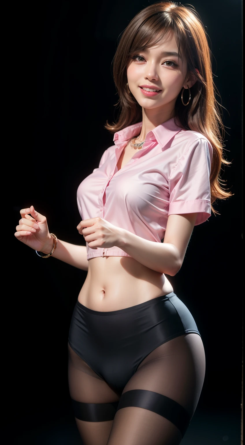8k, masterpiece, original photo, best quality, lifelike, Extremely detailed CG unified 8k wallpaper, depth of field, movie lighting, lens flare, Ray tracing, (extremely beautiful face, beautiful lips, beautiful eyes), Intricately detailed face, ((Super fine skin)) 1 girl, in the darkness, deep shadow, Beautiful Korean girl, kpop idol, 1 girl, (very slim slender fit-muscled body:1.3), ((looking at the audience)),(bright smile:1.3), (pink leggings), (midnight, dark night, (neon lights), (blurred background), dim lights), (no one in the background:1.3), beautiful earrings, bracelet, necklace, pantyhose, clear eyes, walk , frontal shot, (pale skin), (big eyes), facing forward, (full-body shot), ((silk hot pink shirt)), (brown hair), ((tie shirt)), open navel, (looking at the audience:1.3) very slim, medium breasts, (camel toe), Thick thighs, look back