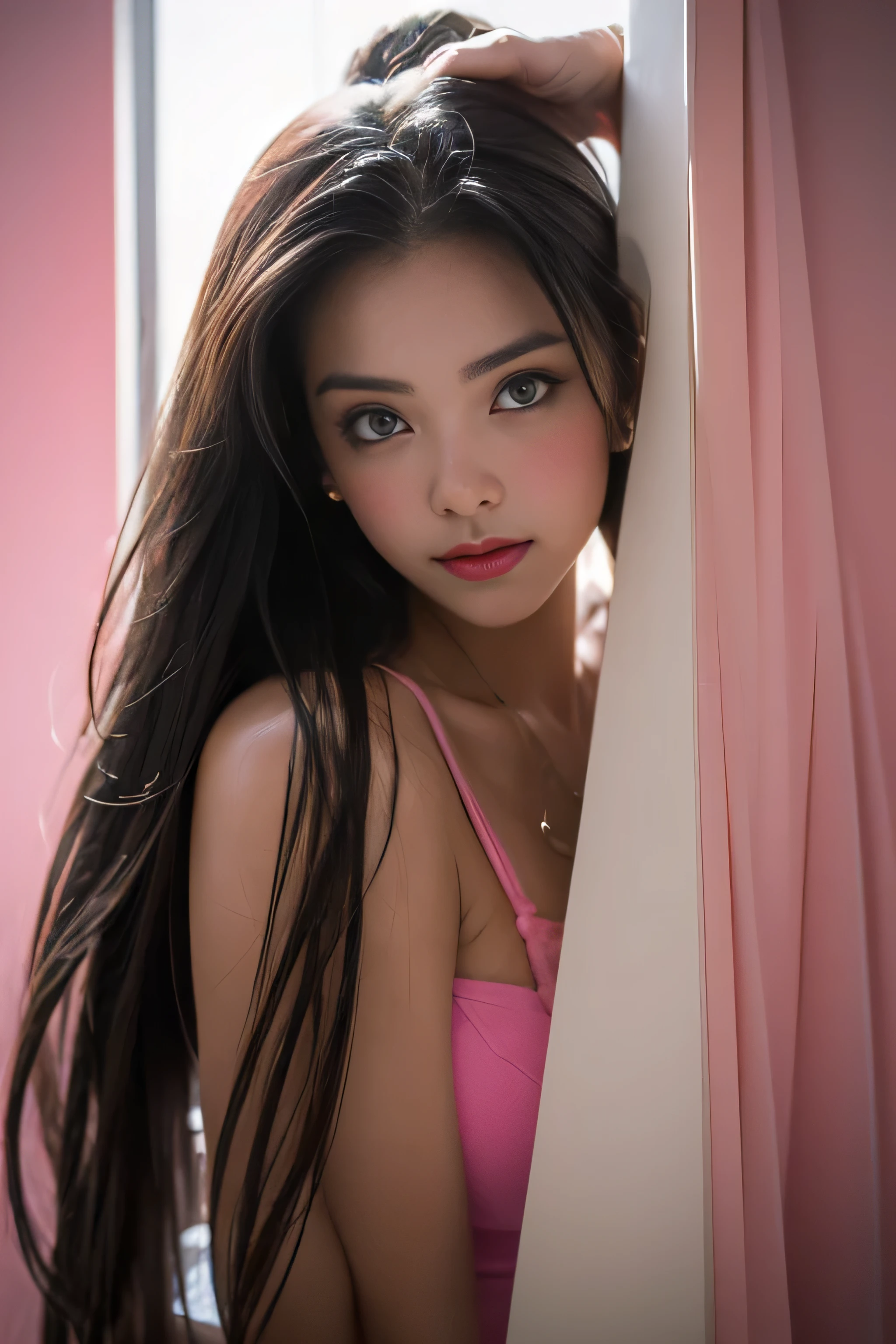 sexy girl in bathroom，charming eyes，heartwarming action，turn away from the camera，bent down，bend over，turn back，raise your head，thick long hair，highly detailed body，highly detailed face，highest quality、(pink good),