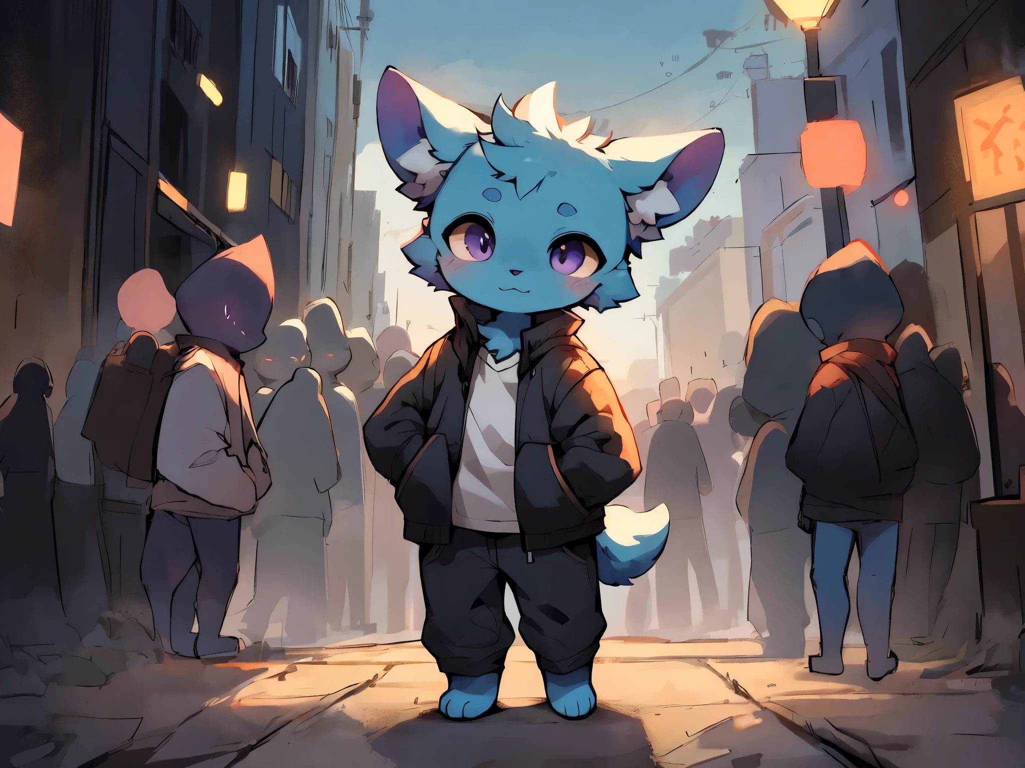 A furry,blue body,One eye is orange and one is purple,stand,cute,on the street