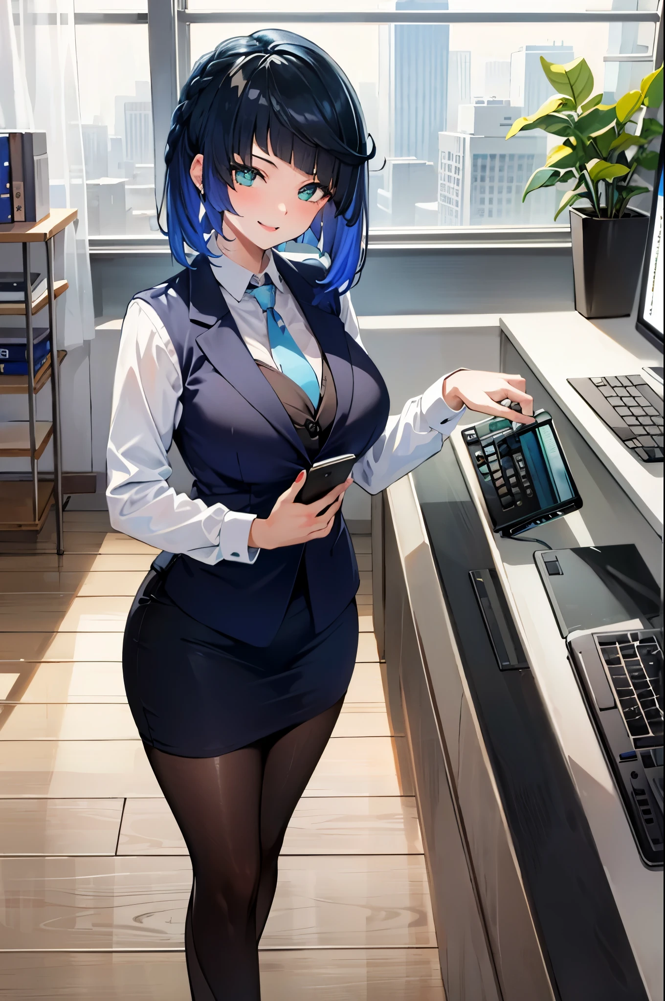score_9, score_8_up, score_7_up, source_anime, 1girl, <lora:gwentd-guy-ponyv1:1> gwentd, two-tone hair, lipstick, choker, office lady, office, office chair, table, window, sunset, seductive smile, black pantyhose, pencil skirt, shirt, id card,