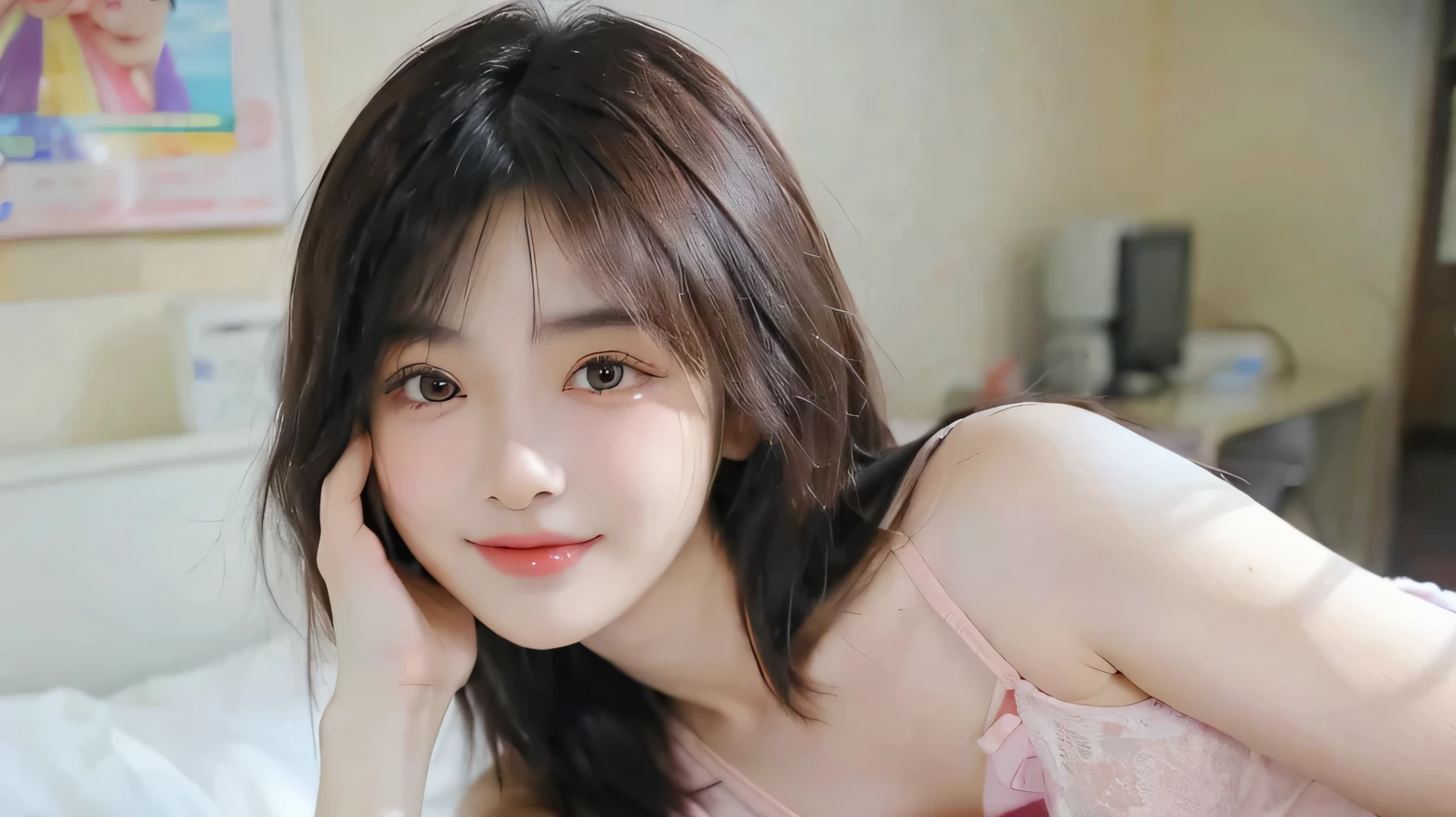 only one girl、high quality、Realistic and photo-like、front facing portrait、Visible from head to thigh、15 year old beautiful girl、black hair、have bangs、Fair skin、thin eyebrows、bob hair、big breasts、pink lace underwear、the area of underwear is smaller、A presence that is out of this world、smile shyly、