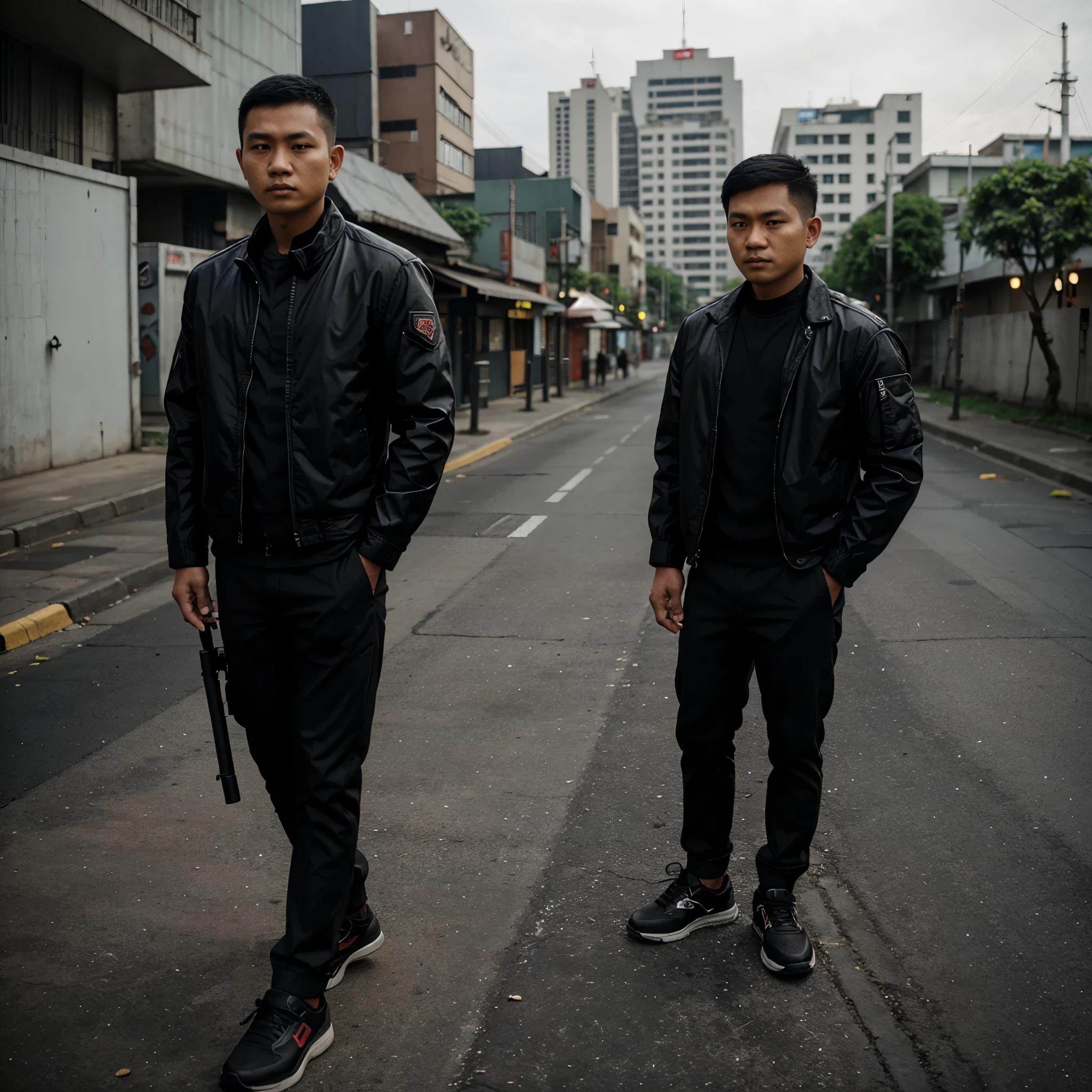 an Indonesian man with short hair, wearing a black jacket,wearing black shoes carrying a gun,war city background