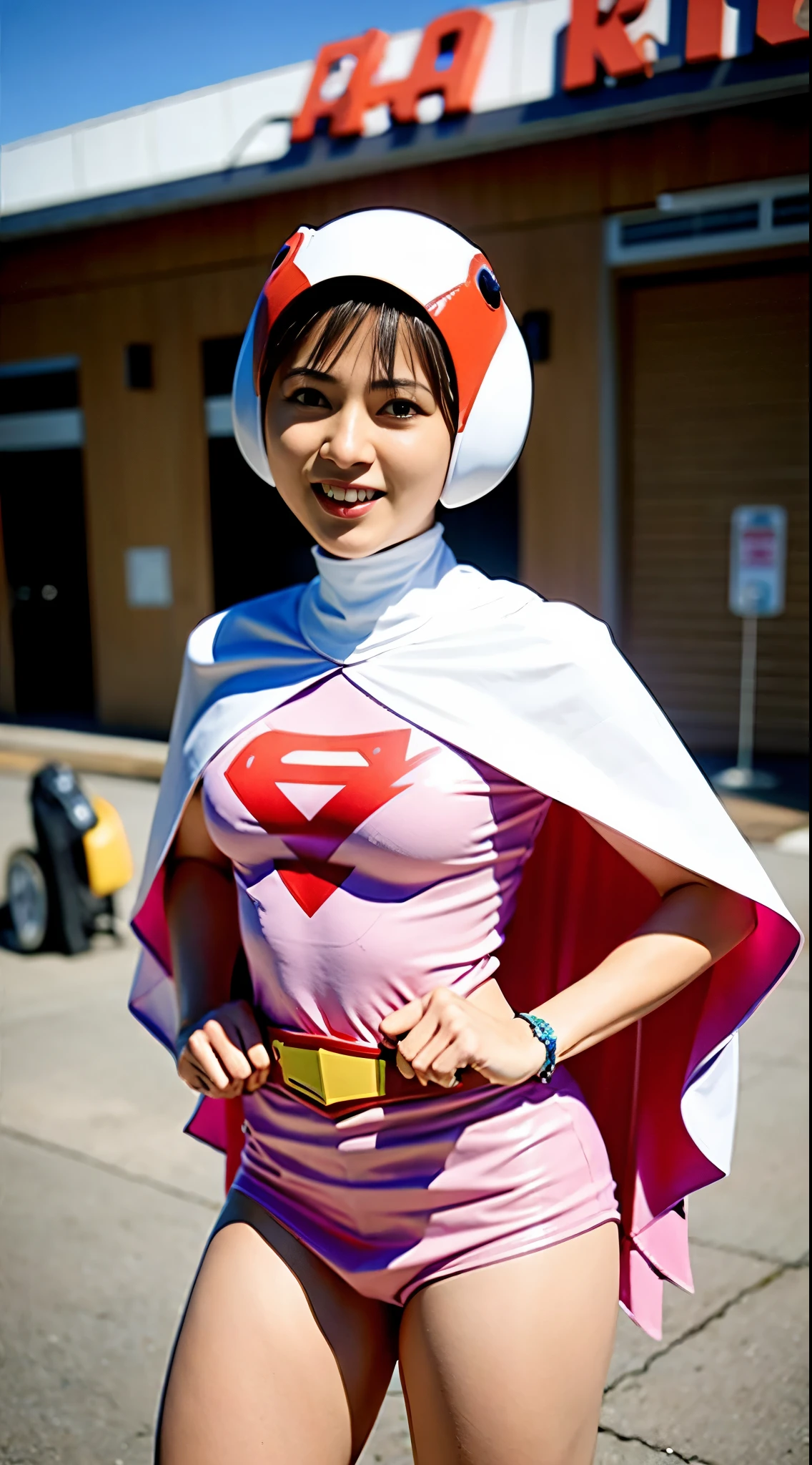 Arafe woman posing for a photo wearing a pink outfit and cloak, professional cosplay, power girl, anime cosplay, by Shinoda Toko, by Akira Toriyama, full-cosplay, As a retro-futuristic heroine, Drawn like the anime Speed Racer, Inspired by Hiromu Arakawa, cosplay photo, cosplay, sorry, anime girl cosplay