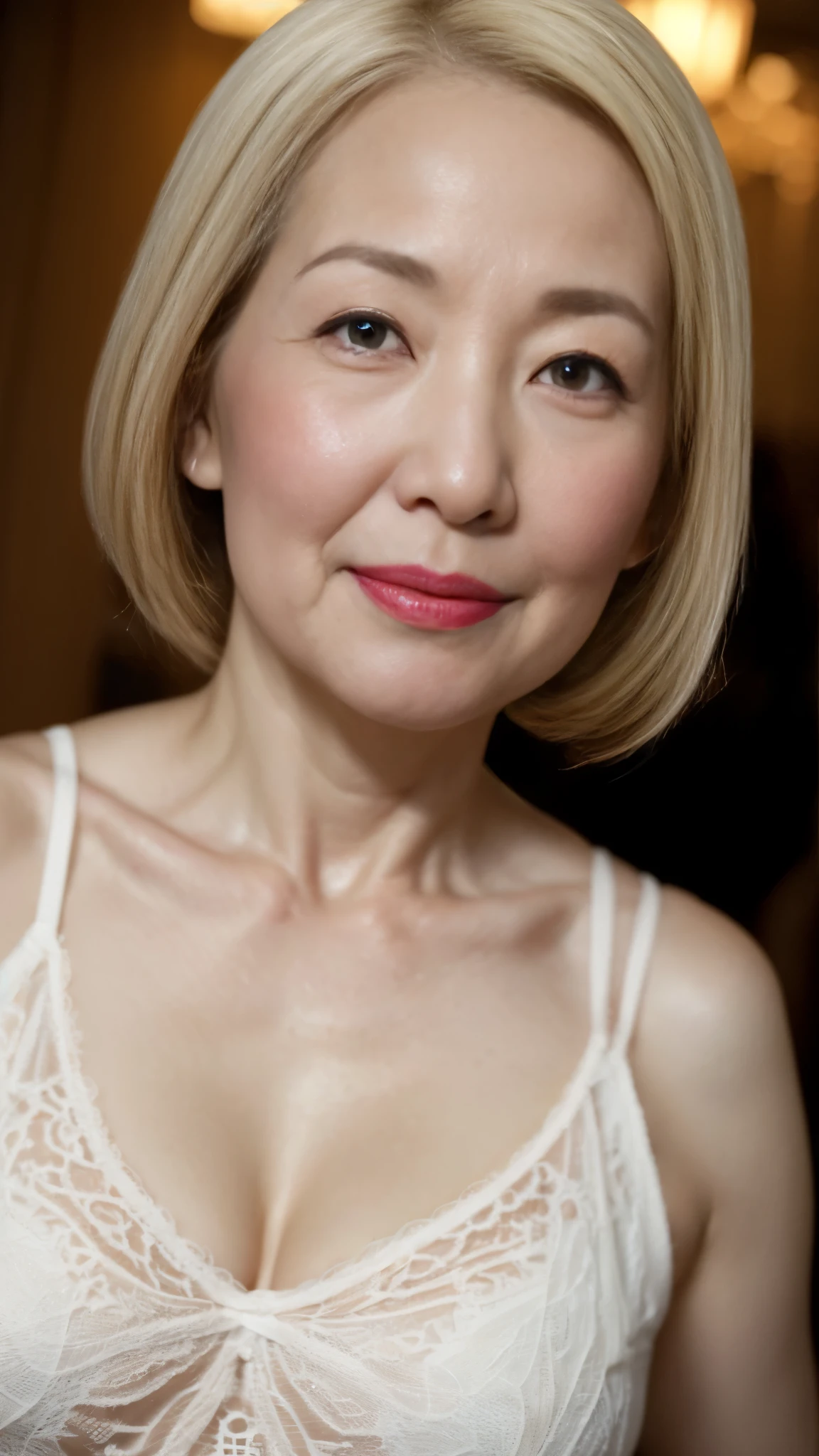 ((in focus)), (chandelier), gravure, describe the lips correctly, red lipstick, from the chest up, In underwear, senior citizen,mature woman, flashy face, highest quality, super high quality, realistic, super dense skin, perfect explanation, (1 Japanese mature woman), (erotic), 100 years old, big breasts, Bewitching, Glamour, sexy, pure white skin, looking at the viewer,