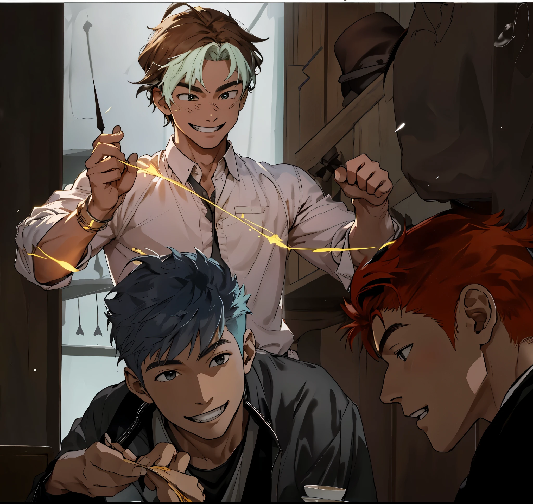 There are 3 young people, two sitting at a table and another behind, smiling, laughing, making fun of them, casting a spell on them.