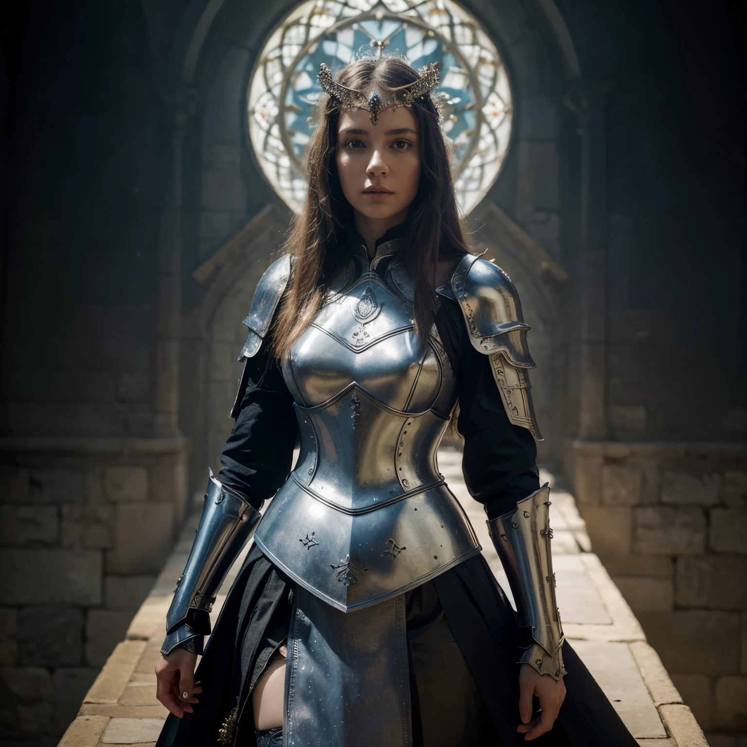 (masterpiece, top quality, best quality, beautiful and aesthetic:1.2), (1girl:1.3), original, high resolution, (fractal art), surreal, arthurian legend, knights, armor, british, war, medieval, straight-on, magic, magic imbued, fantasy, swords, expressionless,