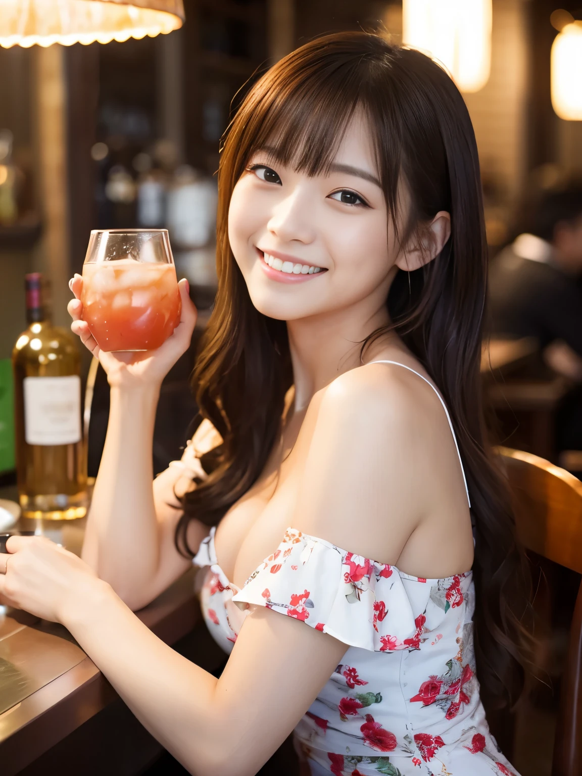 masterpiece、Japanese gravure idol、bar at night、She sits across from the table、A woman with long blonde hair is drinking a cocktail across the table.、20-year-old、smaller hands、big breasts、beautiful feet、I can see the cleavage、There is a gap、wearing a floral print summer dress、whole body、from head to thighs、A happy smile、laughing out loud、I can see white teeth、Delicate skin feel、shiny hair、8K