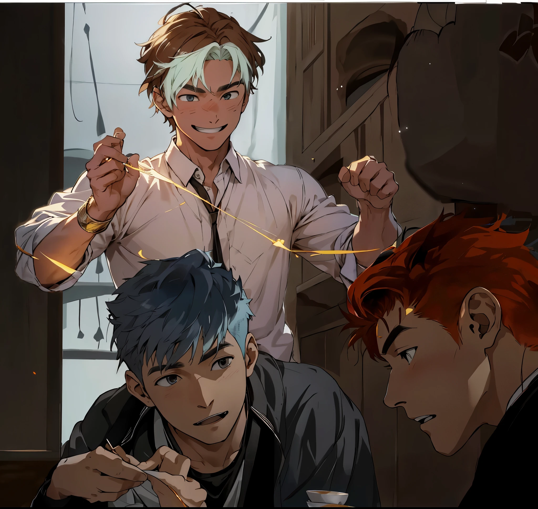 There are 3 young people, two sitting at a table, they are sad, thoughtful, and another behind them, smiling, laughs, makes fun of them, casts a spell on them.