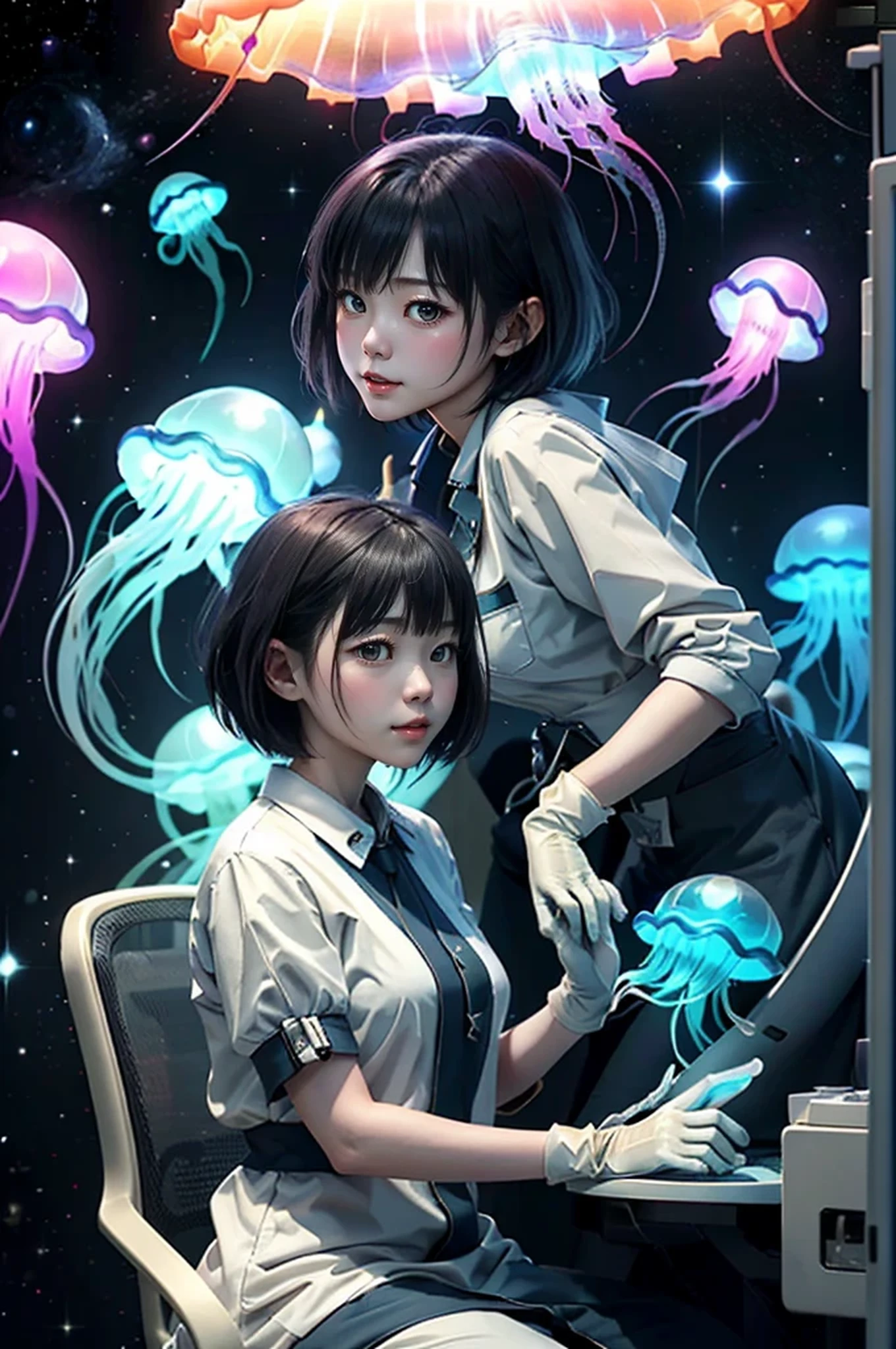 Near future、Female researcher sitting on a chair with a jellyfish in hand、(A translucent jellyfish-like space creature that shines in seven colors appears next to the woman..)、colorful,(masterpiece:1,2), highest quality, masterpiece, High resolution, original, highly detailed wallpaper, 1 girl ,smile,alone, original_clothing,Dress like work clothes, gloves, chest, uniform, large chest, creatures of space、short hair woman、Asian female researchers、A female researcher who conspires with aliens to commit evil acts..、wolf cut hair、jellyfish collector、赤いgloves、A translucent jellyfish is flying behind、