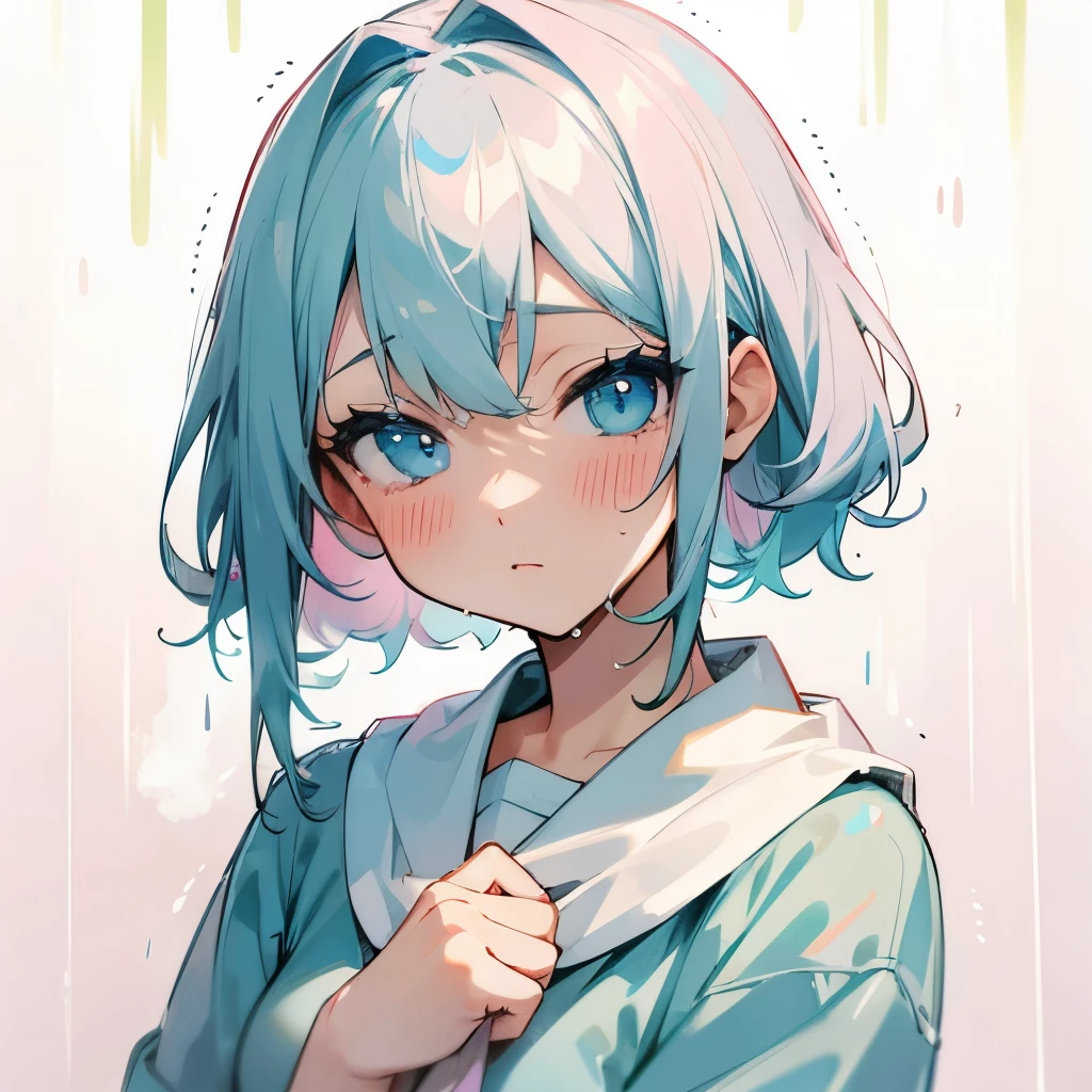 pastel color beauty、Beautiful girl in pastel colors、get wet in the rain、wet、soaking wet、heavy rain