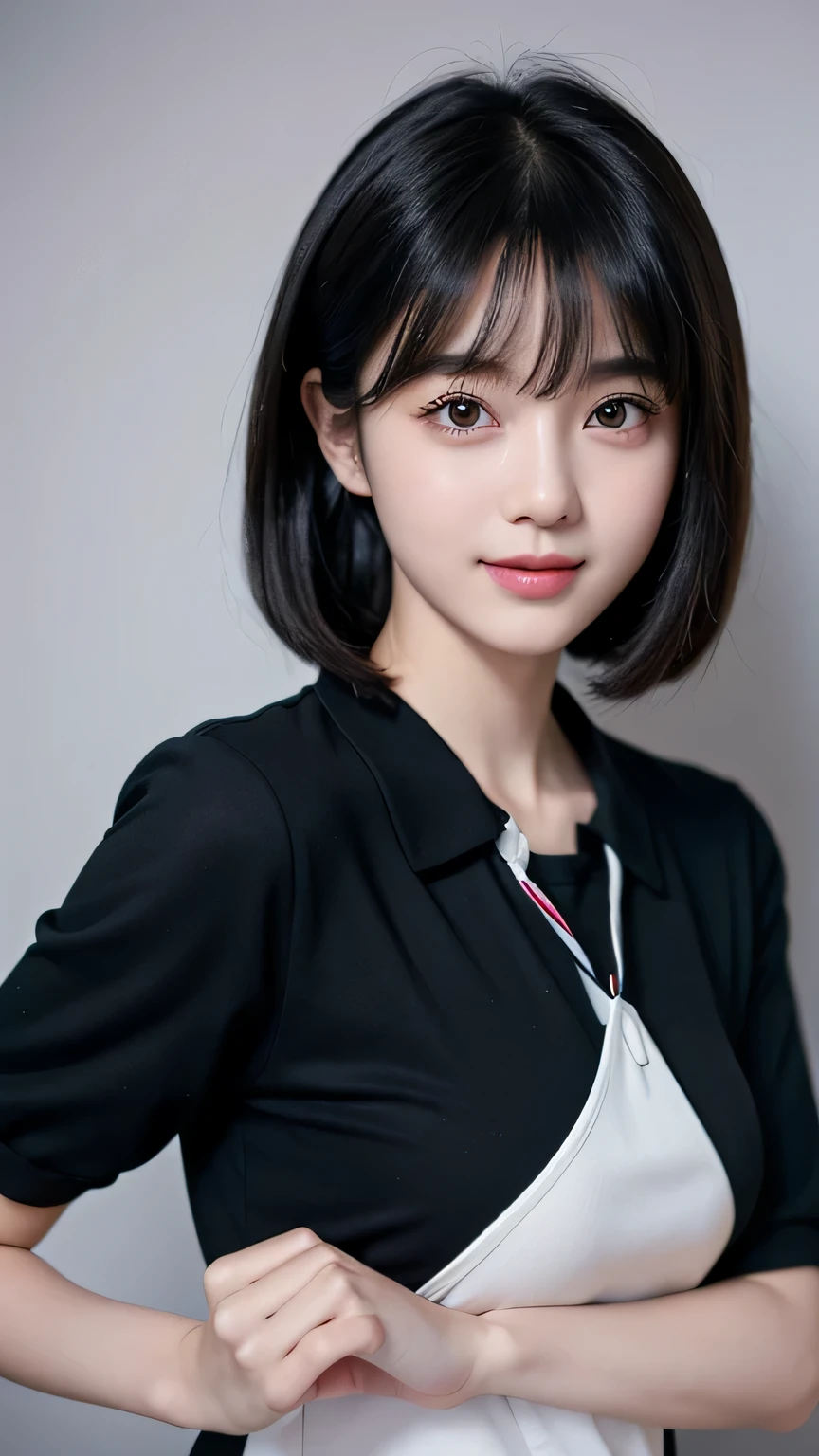 only one girl、high quality、Realistic and photo-like、front facing portrait、full body portrait、15 year old beautiful girl、black hair、have bangs、Fair skin、thin eyebrows、bob hair、big breasts、Uniform appearance、A presence that is out of this world、smile shyly、