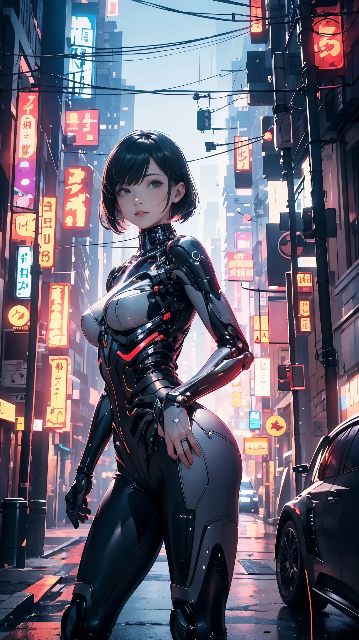(((In 8K. HDR.hyper realism、master piece 1.2、wlop1、cinematic、Detailed content、Live photo 1.2, Highest quality 1.2、 Super detailed、very detailed、perfect shading、Low angle full body shot 1.2、1 photo、Commercial photo 1.2、50mm 、film grain、SF)))、(((Cyborg running on a bicycle、)))(mechanical joint: 1.2),((mechanical limbs)),(blood vessels connected to tubes),(mechanical vertebrae attached to the back),((Mechanical cervical connection to the neck) ), No expression, (wires and cables attached to the neck: 1.2), (Head wires and cables: 1.2), (focus on character), (buildings at night、buildings at night、impressive night view、cyberpunk world)、 (focus on character、Angle from the side)、(white skin、small breasts、black hair、short bob、bob hair、bangs)