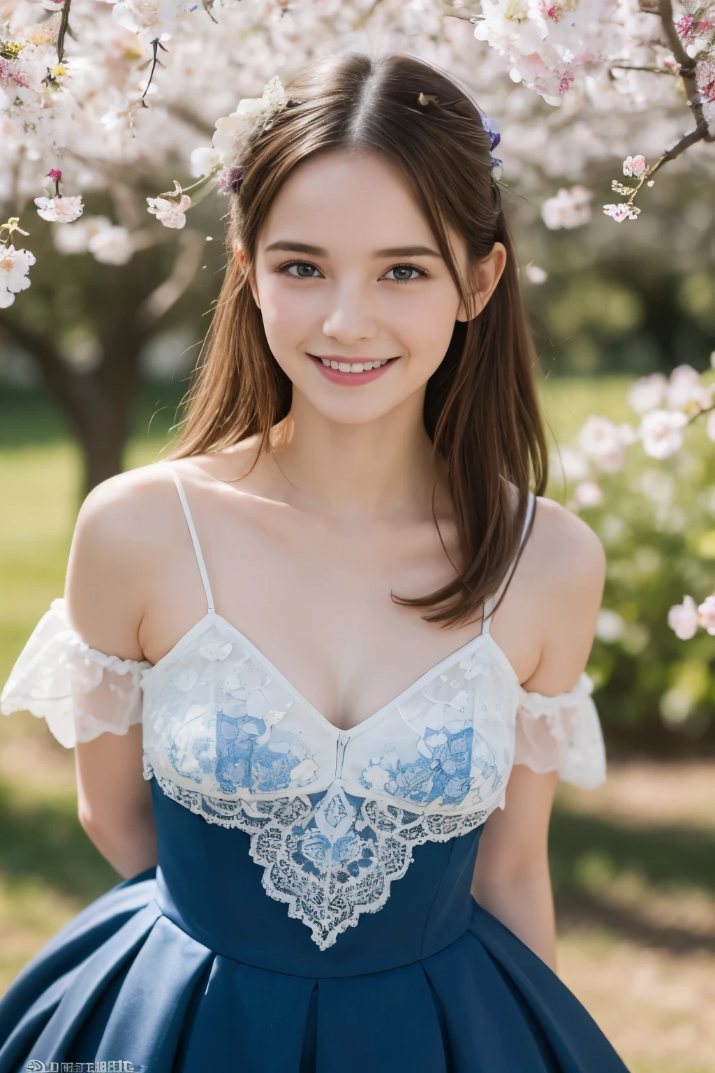 Masterpiece, Best quality, 8k, 18 ans, Photo brute, absurdes, Award-winning portrait, sourire, sourire, pure, french, elegant vibrant blue dress, spring, orchard in bloom, laces, actually love, happy smile