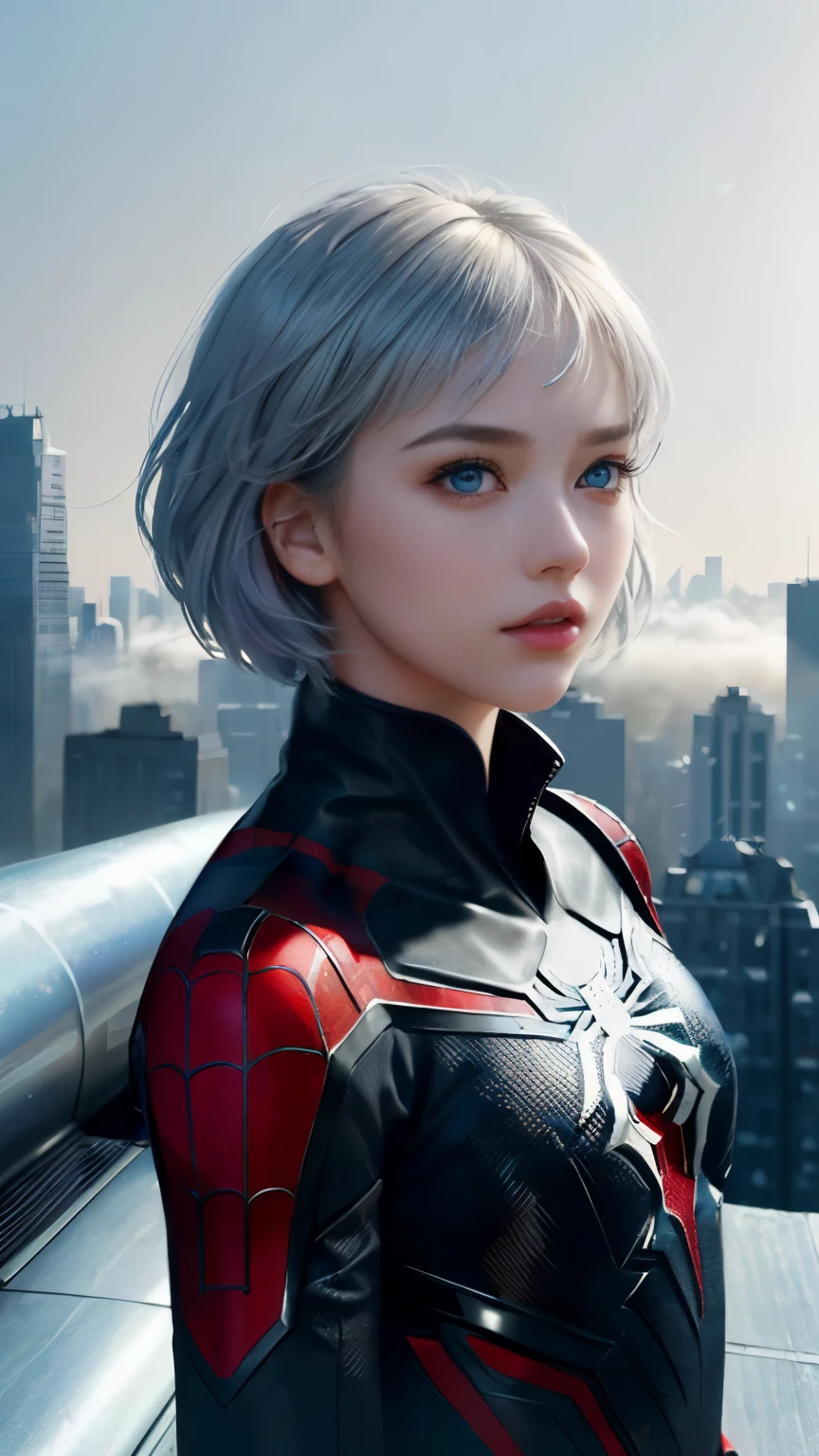 (1girl:1.3), Solo, (((Very detailed face)))), ((Very detailed eyes and face)))), Beautiful detail eyes, Body parts__, Official art, Unified 8k wallpaper, Super detailed, beautiful and beautiful, beautiful, masterpiece, best quality, original, masterpiece, super fine photo, best quality, super high resolution, realistic realism, sunlight, full body portrait, amazing beauty, dynamic pose, delicate face, vibrant eyes, (from the front), She wears Spider-Man suit, red and black color scheme, spider, very detailed city roof background, rooftop, overlooking the city, detailed face, detailed complex busy background, messy, gorgeous, milky white, highly detailed skin, realistic skin details, visible pores, clear focus, volumetric fog, 8k uhd, DSLR, high quality, film grain, fair skin, photo realism, lomography, futuristic dystopian megalopolis, translucent, cool beauty,tall girl,silver hair,short cut hair,Precisely expresses details such as face and skin texture,beautiful eye, blue eye,double eyelid,delicate skin,slender body shape,alone,small breast