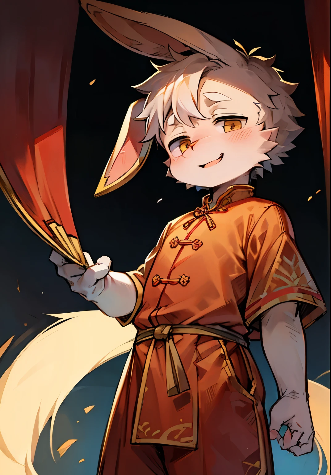 bunny boy,bunny ears,Characteristics of a three-year-old boy,male focus,furry men ,Furry Shota,Height 1.6 meters,Chinese traditional clothing,Stand upright,happy