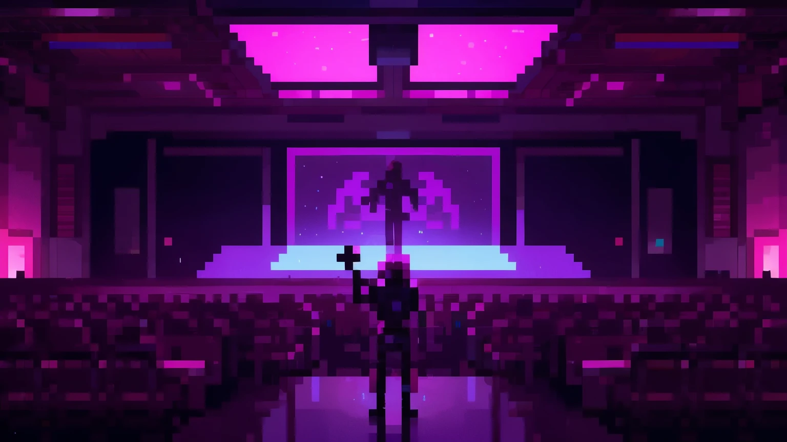 Pixel perfect, Industrial, Futuristic, red lighting and purple lighting, scifi, inside a club, camera panned distantly behind player, player is wearing metallic armor, player is looking away from the camera, player is looking towards the crowd, crowd on dance floor, crowd is filled with dancing silhouettes