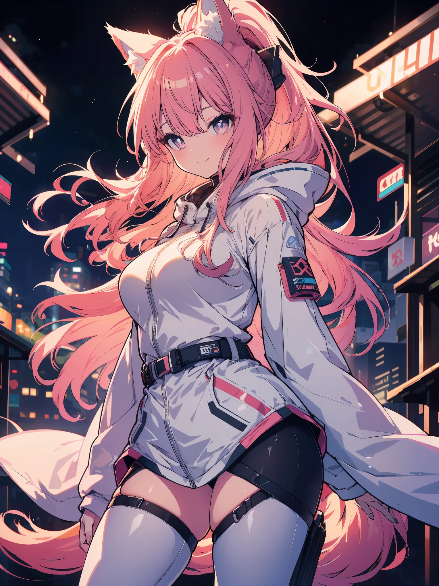(cowboy shot), (best quality, ultra-high resolution, depth of field:1.2), beautiful face, (25 years old), (fox woman), purplish eyes, bright pupils, (medium breasts) (mischievous smile), (pastel red long hair), ponytail, animal ears, (fluffy wolf ears), (fluffy tail), (wearing a futuristic white jacket with the hoodie down:1.2), (wearing futuristic soggy pants:1.3), Japanese park scenery, night time, (multiple points of views)
