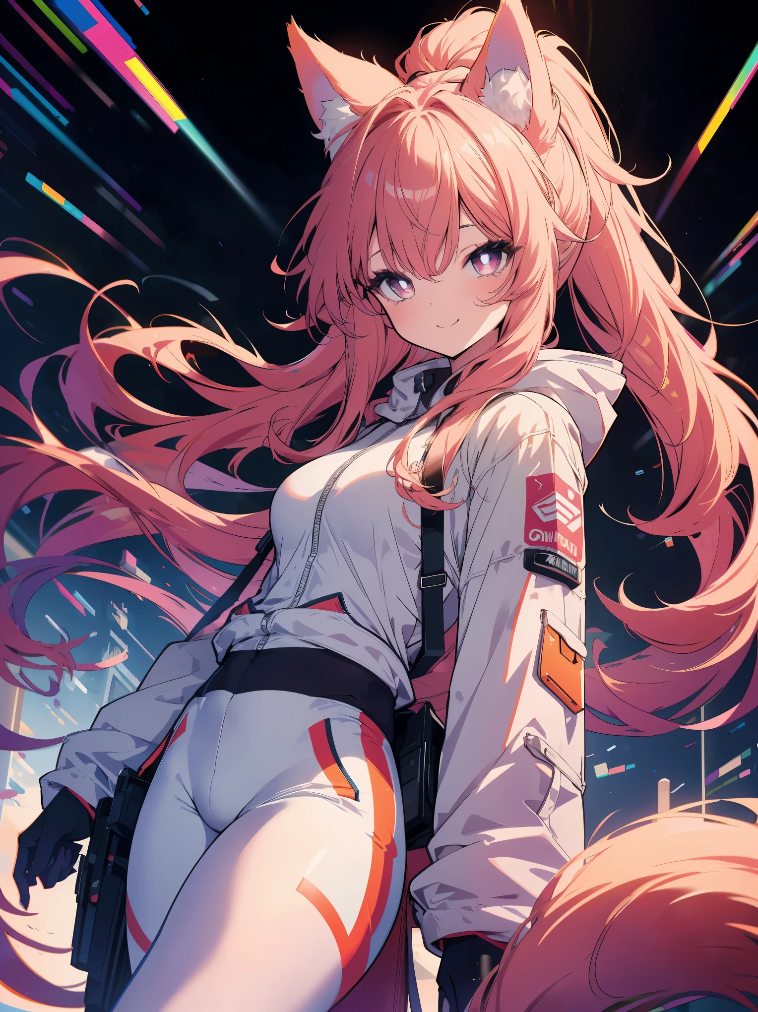 (cowboy shot), (best quality, ultra-high resolution, depth of field:1.2), beautiful face, (25 years old), (fox woman), purplish eyes, bright pupils, (medium breasts) (mischievous smile), (pastel red long hair), ponytail, animal ears, (fluffy wolf ears), (fluffy tail), (wearing a futuristic white jacket with the hoodie down:1.2), (wearing futuristic soggy pants:1.3), Japanese park scenery, night time, (multiple points of views)
