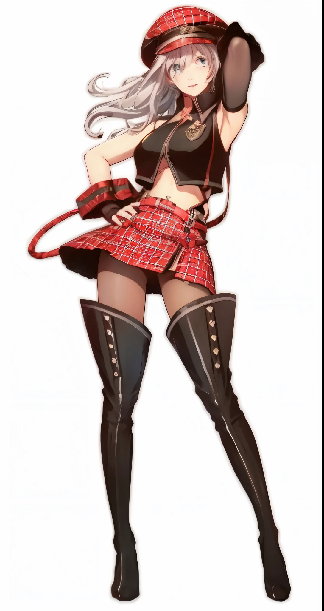 Silver hair, long hair, thigh-high boots, red checked skirt, brown stockings, black clothes