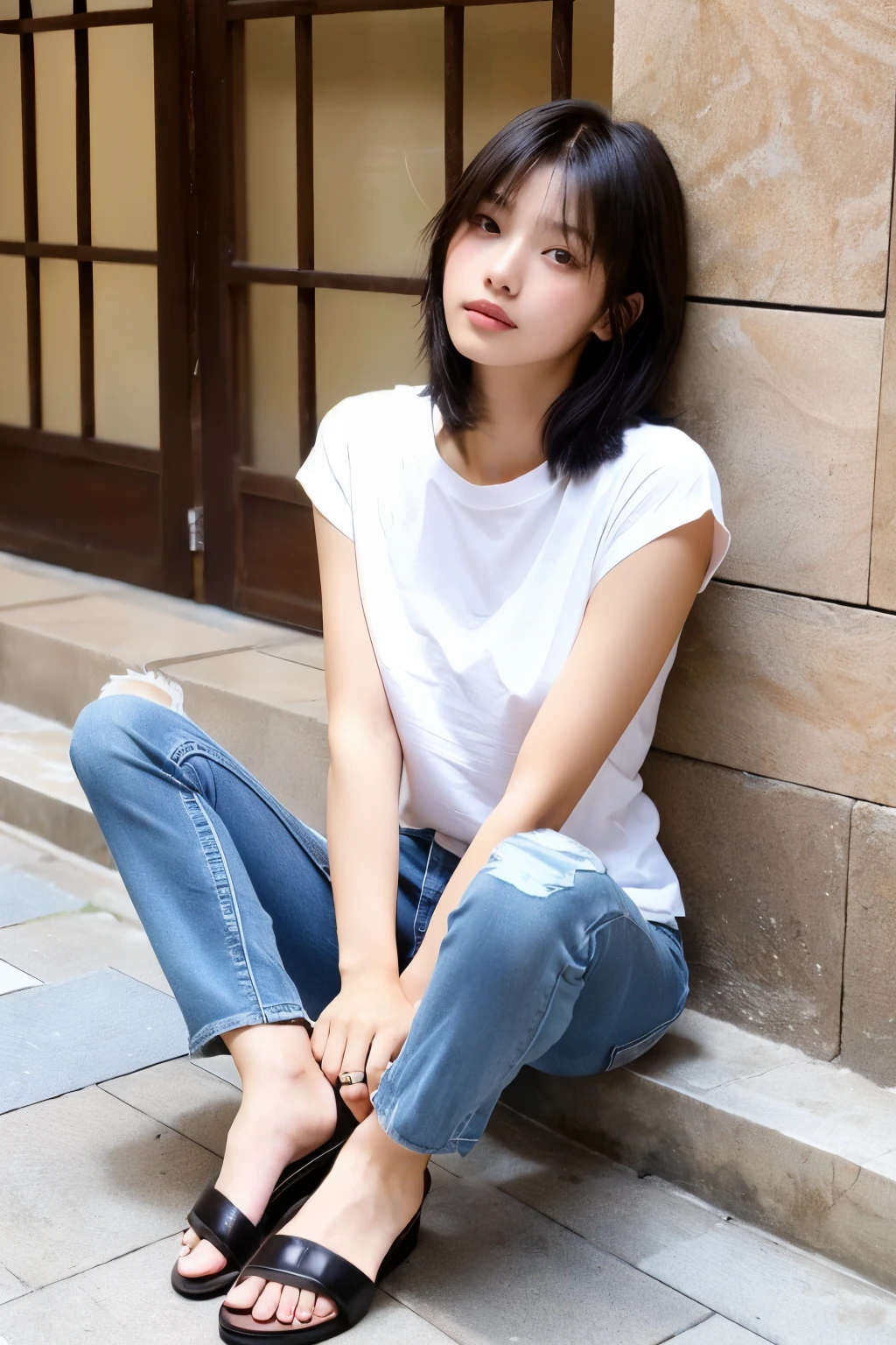 ((highest quality)), ((masterpiece)), (be familiar with),whole body、 perfect face,woman、age20generation、Japanese、Height: 172cm、good style、glamorous、Wear a tight T-shirt、wearing hot pants of denim、wearing sandals、