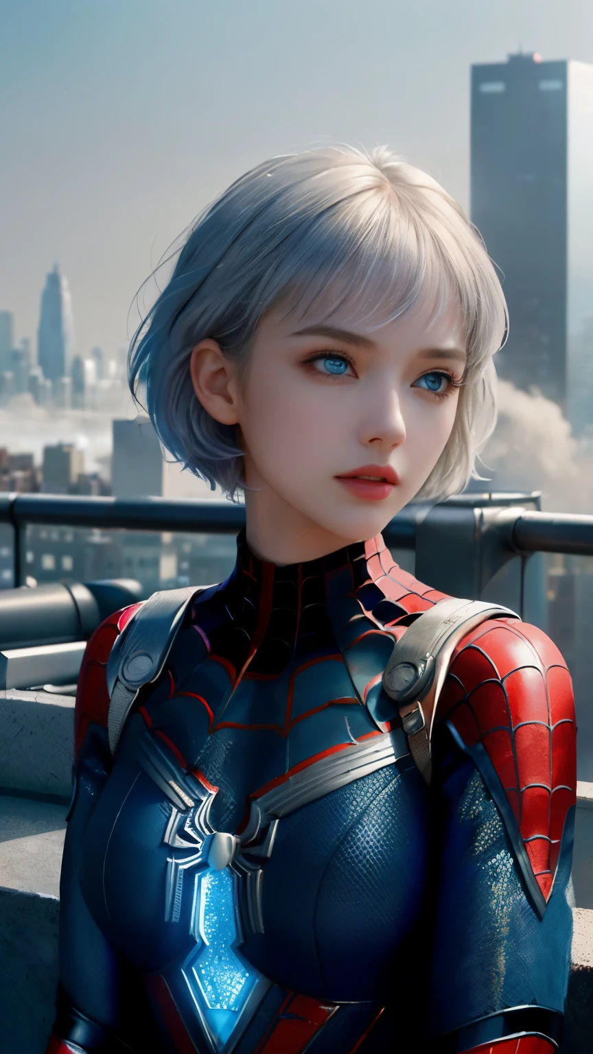 (1girl:1.3), Solo, (((Very detailed face)))), ((Very detailed eyes and face)))), Beautiful detail eyes, Body parts__, Official art, Unified 8k wallpaper, Super detailed, beautiful and beautiful, beautiful, masterpiece, best quality, original, masterpiece, super fine photo, best quality, super high resolution, realistic realism, sunlight, full body portrait, amazing beauty, dynamic pose, delicate face, vibrant eyes, (from the front), She wears Spider-Man suit, red and black color scheme, spider, very detailed city roof background, rooftop, overlooking the city, detailed face, detailed complex busy background, messy, gorgeous, milky white, highly detailed skin, realistic skin details, visible pores, clear focus, volumetric fog, 8k uhd, DSLR, high quality, film grain, fair skin, photo realism, lomography, futuristic dystopian megalopolis, translucent, cool beauty,tall girl,silver hair,short cut hair,Precisely expresses details such as face and skin texture,beautiful eye, blue eye,double eyelid,delicate skin,slender body shape,alone,big breast