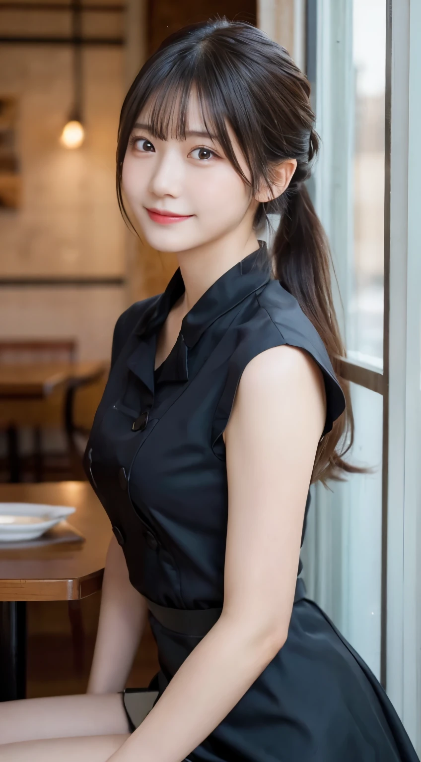 (highest quality,masterpiece:1.3,ultra high resolution,),(Super detailed,caustics),(Photoreal:1.4,RAW shooting,)ultra-realistic capture,very detailed,High resolution 16K human skin close-up。 natural skin texture、,The pores are、、、Must be detailed enough to be easily identified。 Skin should look even-toned and healthy。 Use natural light and color,restaurant,waitress uniform,1 girl,Japanese,18-year-old,cute,black haired,ponytail,big breasts,smile,turn your body forward,(Front view:1.1),look at the camera,cowboy shot,