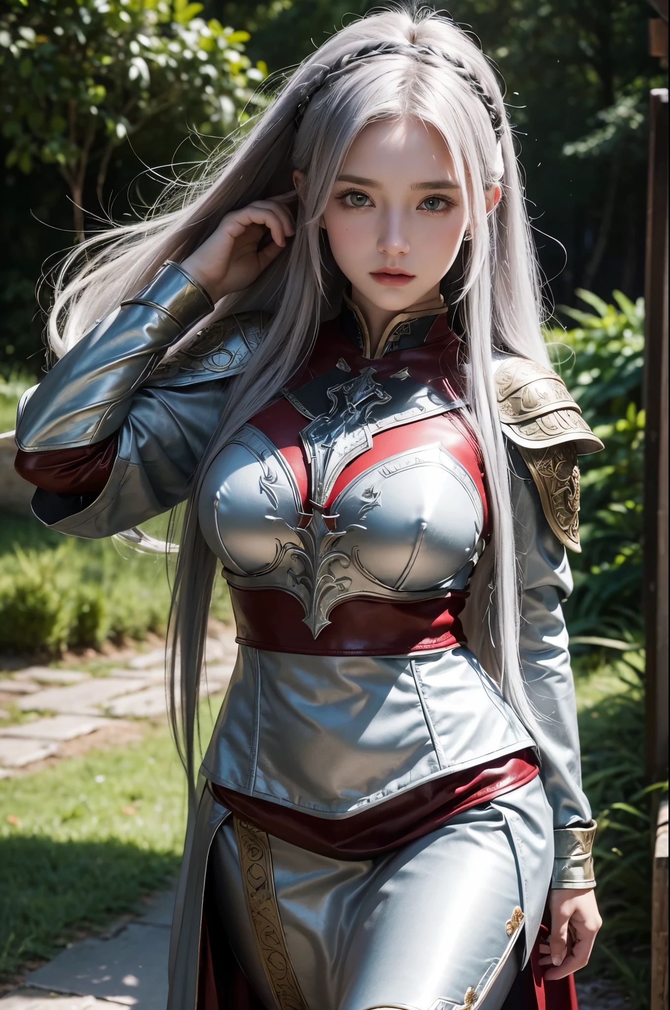tmasterpiece，Best quality at best，A high resolution，8K，((Portrait))，(Head close-up)，Original photo，real photograph，digital photography，(Female adventurers in the medieval fantasy style)，(Magic Warriors in the Fantasy World)，18-year-old girl，(Hair gradients of black and red)，Green随机发型，Red eyes，(White and gray gradient long hair，Green)，(Big breasts)，An extravagant ornament，cparted lips，Keep your mouth shuegant and charming，((Blushing))，haughty contempt，Calm and handsome，(Medieval fantasy combat suit，Joint Armor，Lightweight leather protection，The Beautiful Magic Badge，Medieval armor combined with leather and metal，A delicate pattern，Cloak)，(Woman warrior)，Photo pose，medieval characteredieval fantasy style，rainy days，Lightning，forest backgrou，oc render reflection texture