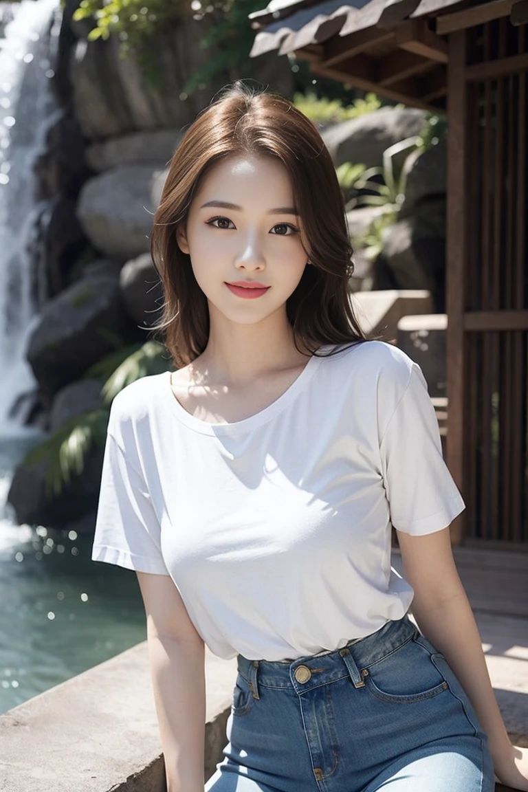 girl around 20 years old,Simple,extremely beautiful and exquisite,(Light makeup),(blond hair),sweet smile,Delicate, beautiful and fair skin,Realistic and realistic,Exquisite and complete facial features,Detailed depiction of face,high nose bridge,red lips,beautiful, 温柔beautiful女孩,smooth hair,extremely delicate hair,femininity,light up your face,Surreal,lifelike,8K quality,Extremely detailed,realistic details,masterpiece,Realistic to the extreme,big breast body,beautiful,pure desire,stunning beauty,Peerless beauty,Highest image quality,8k resolution,welcome,Smile,Exquisite facial features,hair past shoulders,a brown haired one,Other wise, melon-faced, with double eyes, double eyelids, long eyebrows, long eyelashes, Smile, Legs are long and thick,(((White T-shirt))),(((blue jeans))),Sunlight,face camera,well-proportioned body、strong,Gentle eyes,Showing thighs,standing posture,Stand next to the waterfall,Full body image