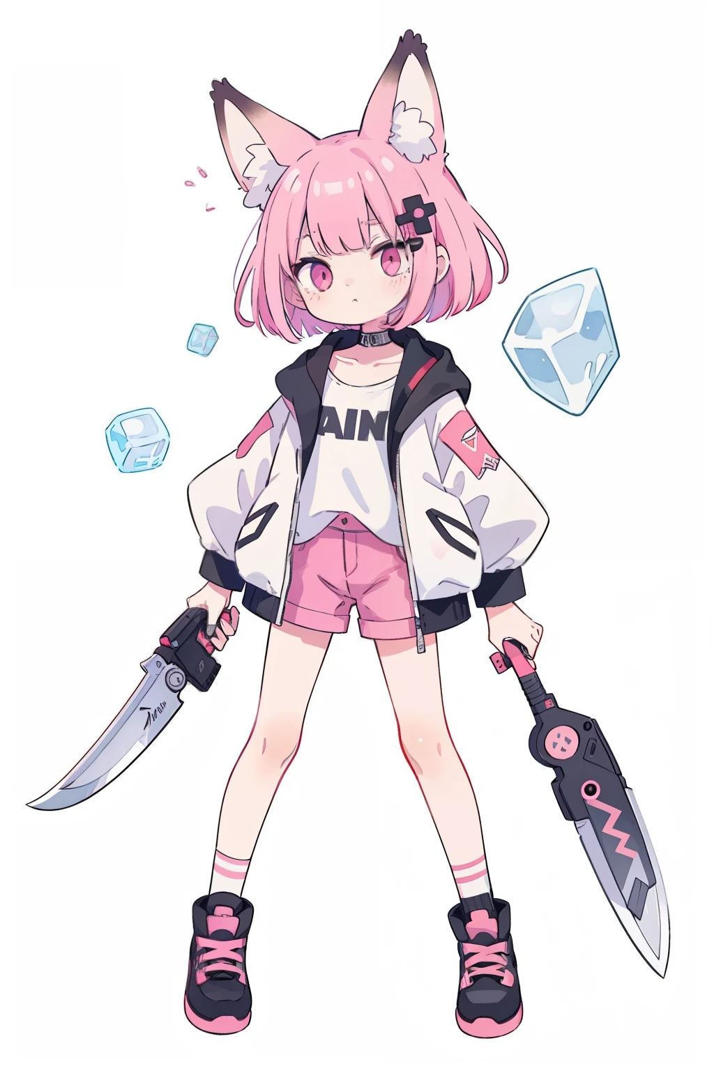 watercolor (Moderately):1.35,splash of color,colorful,flat color,// whole body,white background,hair ornaments,simple background,cube hair ornaments,pink hair,1 girl,bangs,high quality,cyber punk,pistol、hand gun,quantum punk,nanopunk, masterpiece,最high quality,(((onyx theme))),(perfect onyx),(1 girl),paprika,fox ears、Transparent pink short hair,simple background,albino,[watercolor],choker,oversized jacket、hot pants、knife、knifeを持つ、サバイバルknife