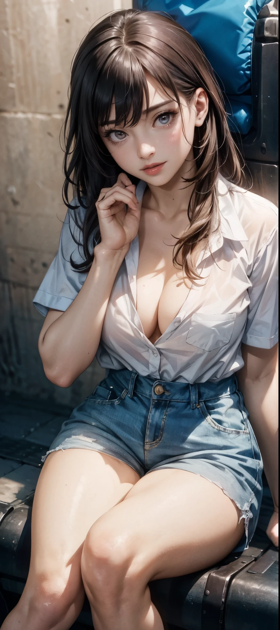 girl in summer clothes, white blouse, light blue shorts, pantyhose or long stockings, making like she wants to kiss you, view from viewer, medium breasts, cleavage, random background, flirtatious look, ((very detailed)), (perfectly detailed face), (well detailed hand) photorealistic image, ahegao