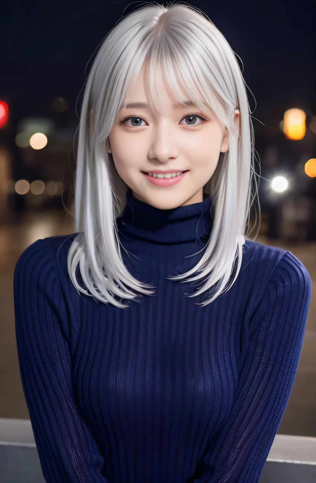 beautiful women in japan、1 person,very pretty and slim、outstanding style 、super high quality、very delicate face, skin and hair、long hair、straggling hair,(((((silver hair)))))、((Red Turtleneck Sweater Dress)),((chester coat,knee high boots))、Cover your chest with your arms、Shibuya Ward、8k images、Very cute Japanese cut face、thin、big breasts、Eyes and nose are clearly visible、gentle eyes、laughter、night view background